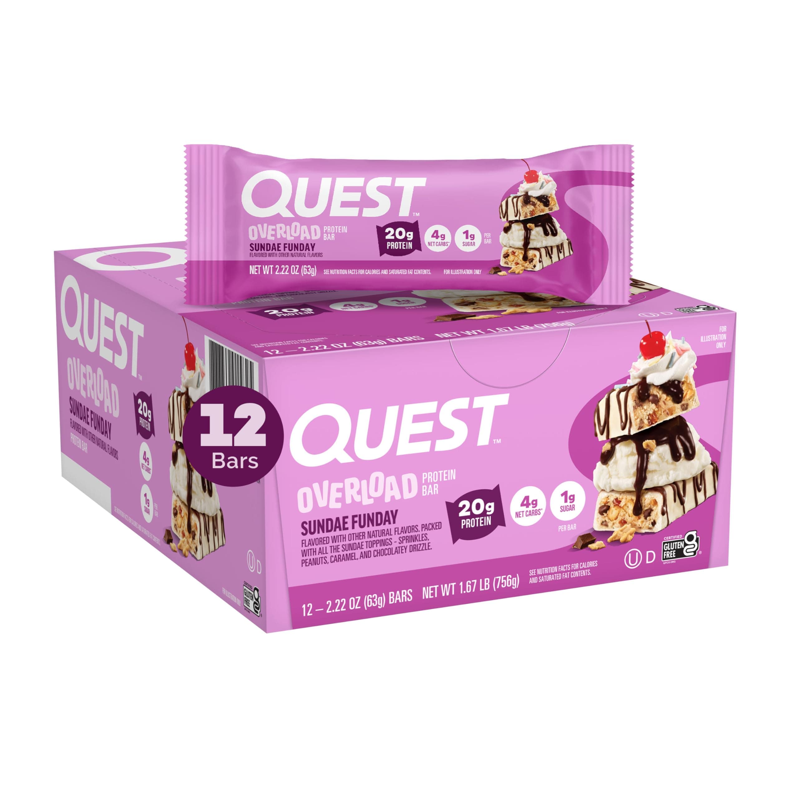 Quest Overload Sundae Funday Protein Bars, 20g Protein, 12 Count Box, 63g Each