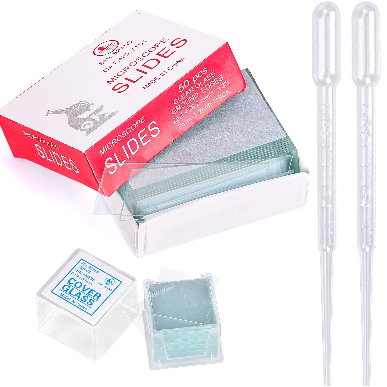 50 Pieces Microscope Slides and 100pcs Pre-Cleaned 20mm x 20mm Microscope Cover Slips Glasses for Basic Biological Science Education