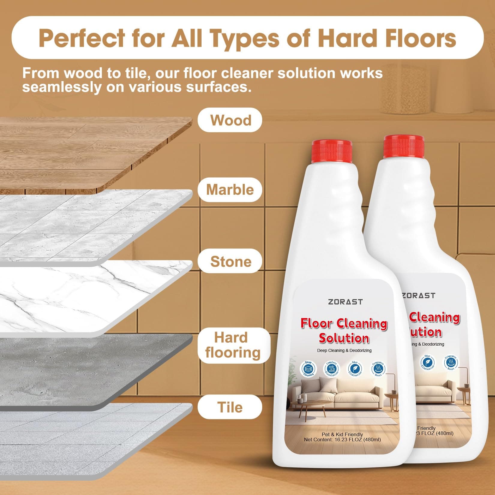 Floor Cleaning Solution, 2 x 16.2Fl OZ Bottles for Hardwood, Tile, and Vinyl Floors – Compatible with Roborock, Suitable for Wireless Wet Dry Dual-Use Vacuum Cleaners