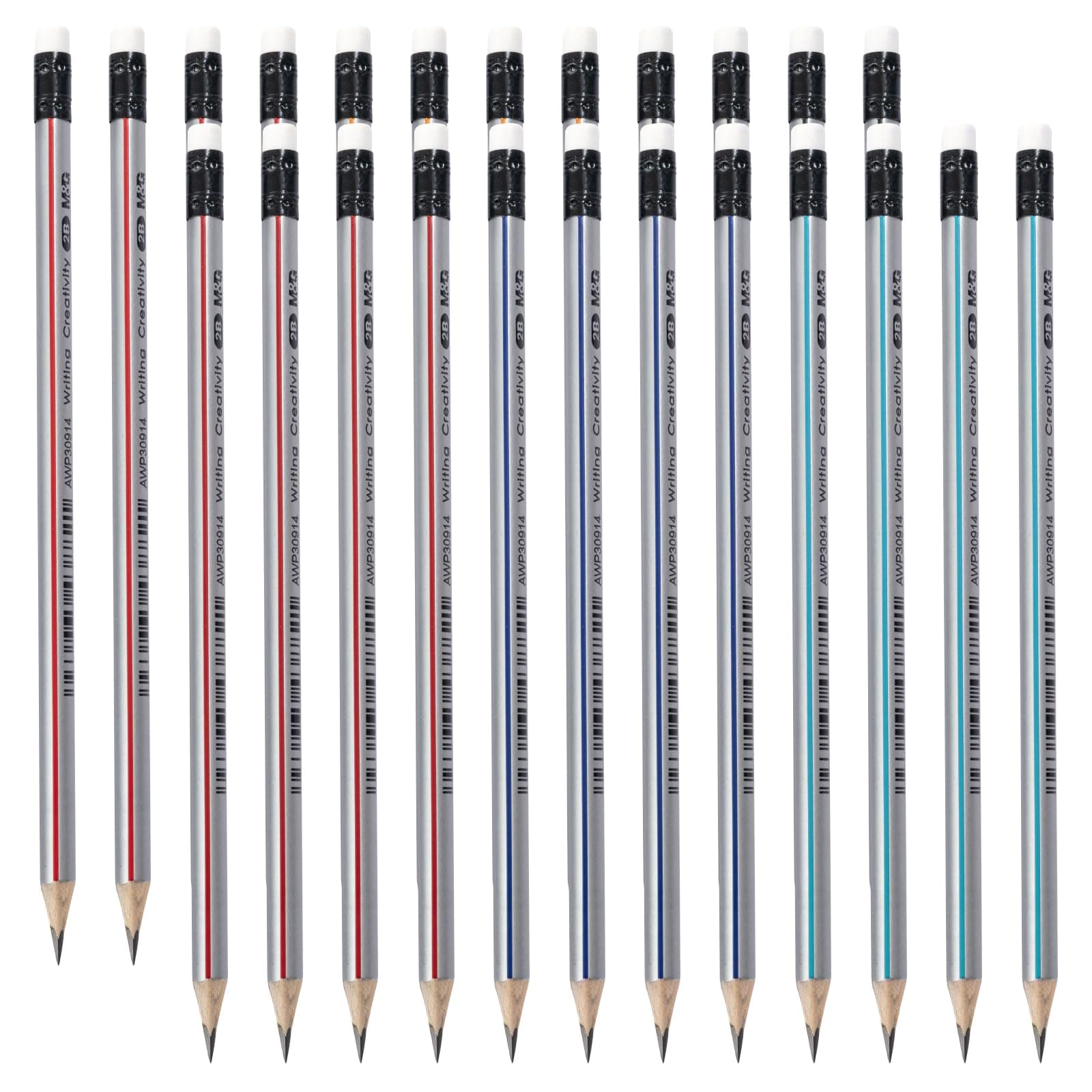 M&G Signal Series 24 Pack 2B Triangular Wood-Cased Pencils, Pre-Sharpened with Erasers, 3 Two-Tone Striped Colors Bulk Pencils for School Office Drawing Classroom Supplies