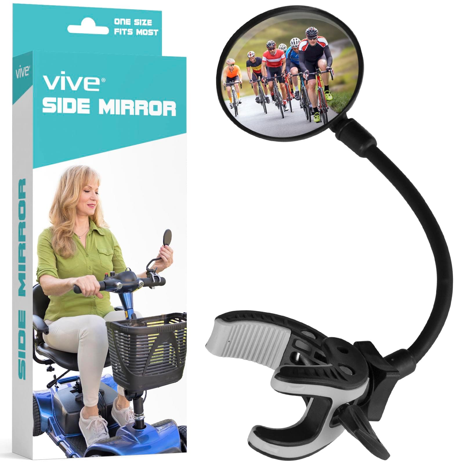 Vive Rear-View Side Mirror - Designed for Scooters, Bikes, Motor Vehicles, Bicycles, Handlebars - Clamp On Scratch Resistant Glass - 360 Rotatable, Adjustable, Universal Fit, Wide Angle Safety Support