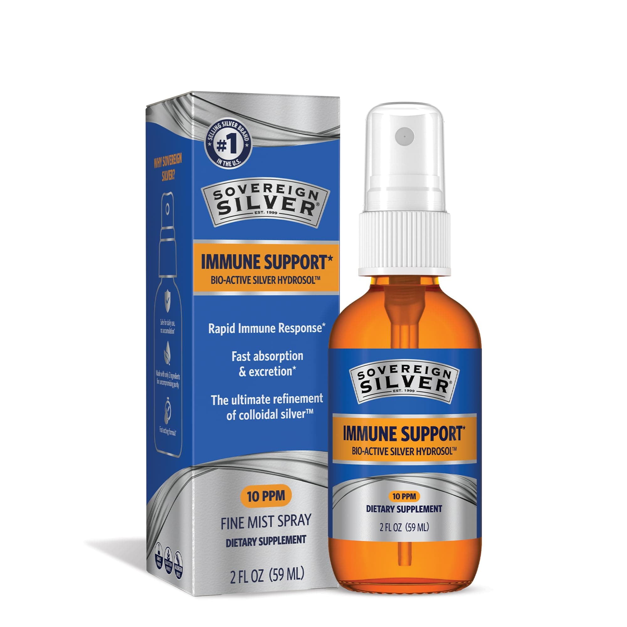 Sovereign Silver Immune Support, Colloidal Silver, Bio-Active Silver Hydrosol,10 ppm, Fine Mist Spray, 2 Fl Oz