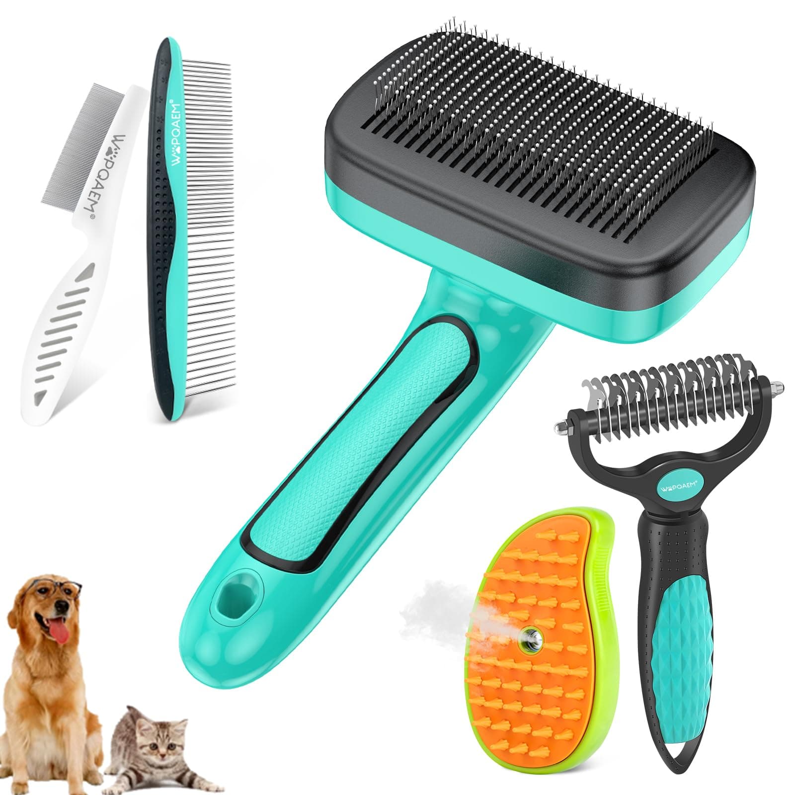- 5 PCS Self Cleaning Slicker Brush & Undercoat Rake & Bath Brush & Flea Comb & Pet Comb & Steam Brush for Dogs and Cats,Professional Deshedding Dematting Tool for Long and Short Haired Pets