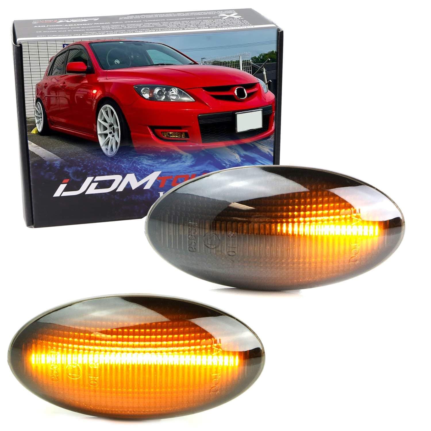 iJDMTOY Smoked Lens Dynamic Sequential Blink/Flow Amber Full LED Front Side Marker Light Kit Compatible With 2004-2011 Mazda3, 2006-2010 Mazda5, 2011-2013 Mazda2, Replace OEM Sidemarker Lamps