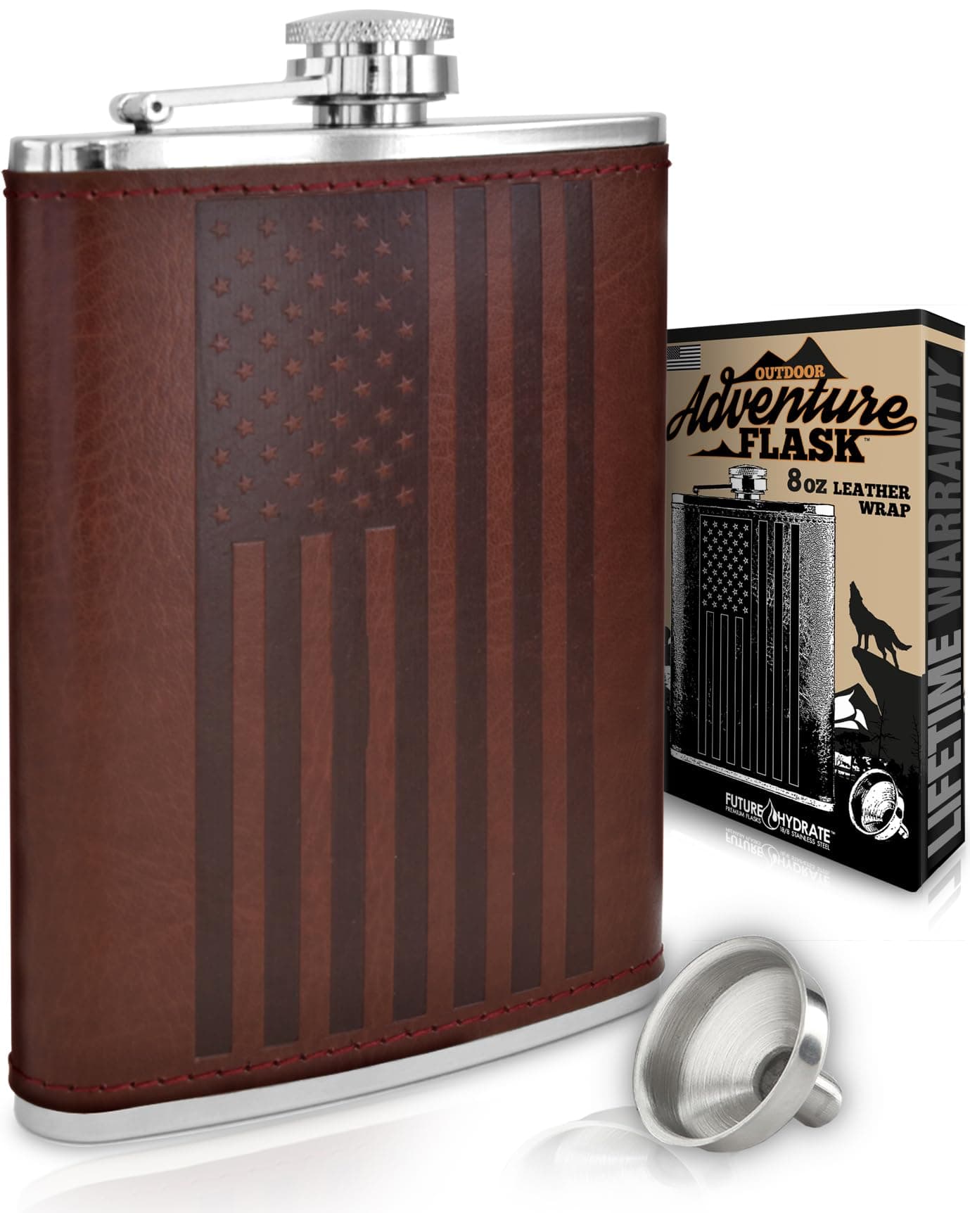 Future Hydrate American Flag Flask - 8 oz Premium Soft Touch Leather Wrap | 18/8 304 Highest Food Grade Stainless Steel | Leak Proof Slim Hip Flasks | Classic American Flag Design | Bonus Funnel