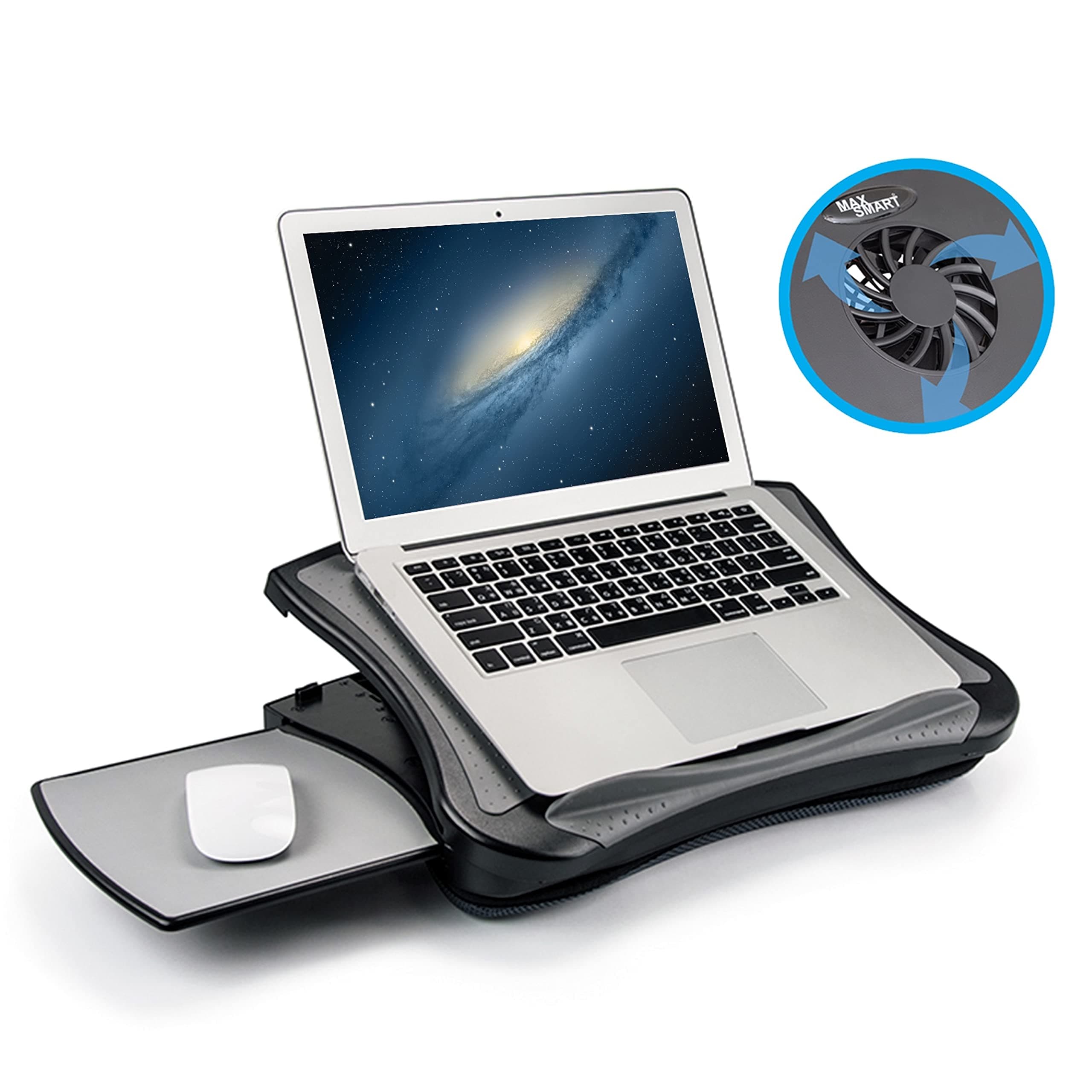 Ergonomic Computer Laptop Desk Riser Stand Board with Internal Cooling Fan, Cushion, Handle and Adjustable Viewing Angles for 12" - 17" Notebook Tablet iPad Laptop