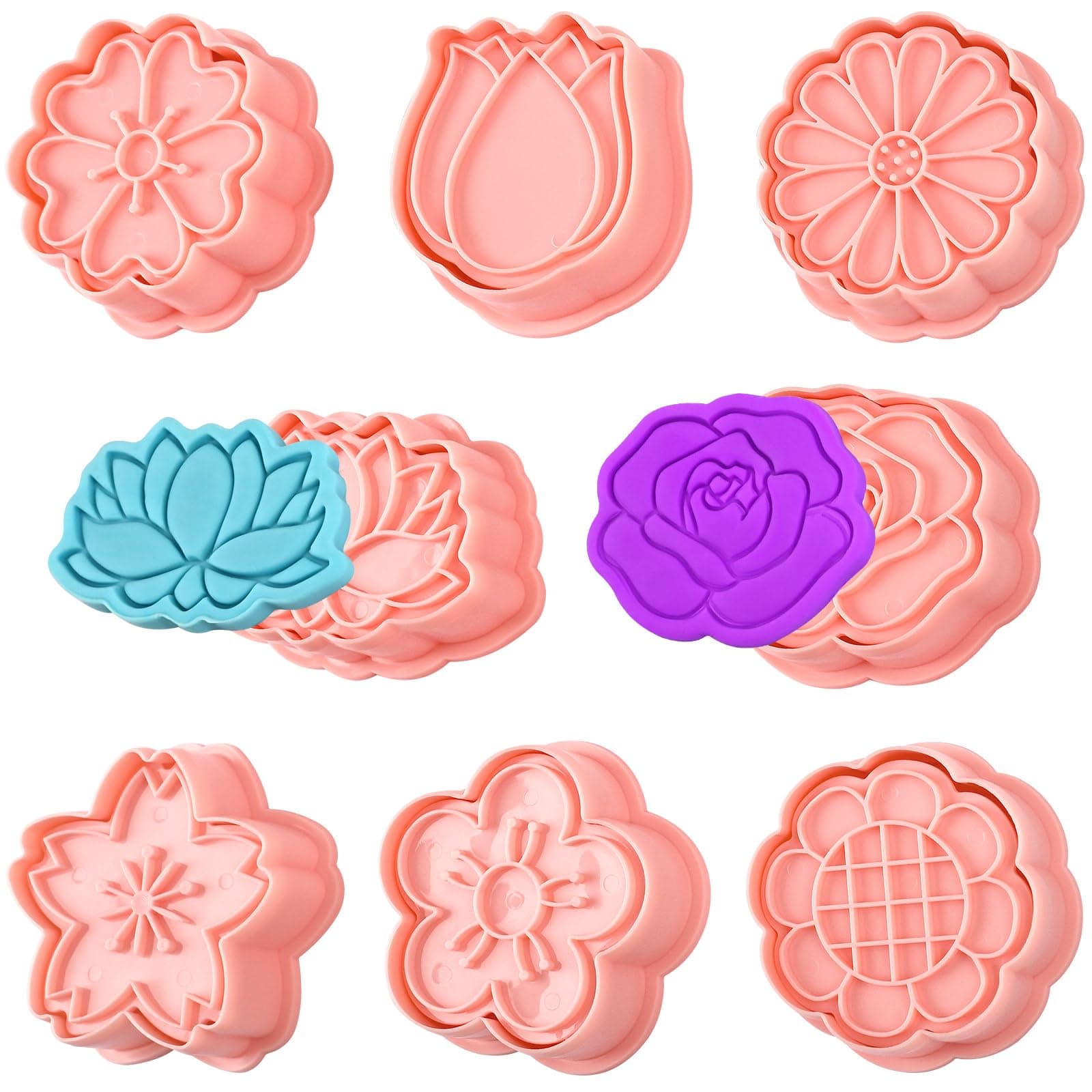 8 Pack Flower Cookie Cutters, 3D Cookie Cutter with Plunger Stamp, 8 Styles Spring Flowers Cookie Stamps for Home Kitchen