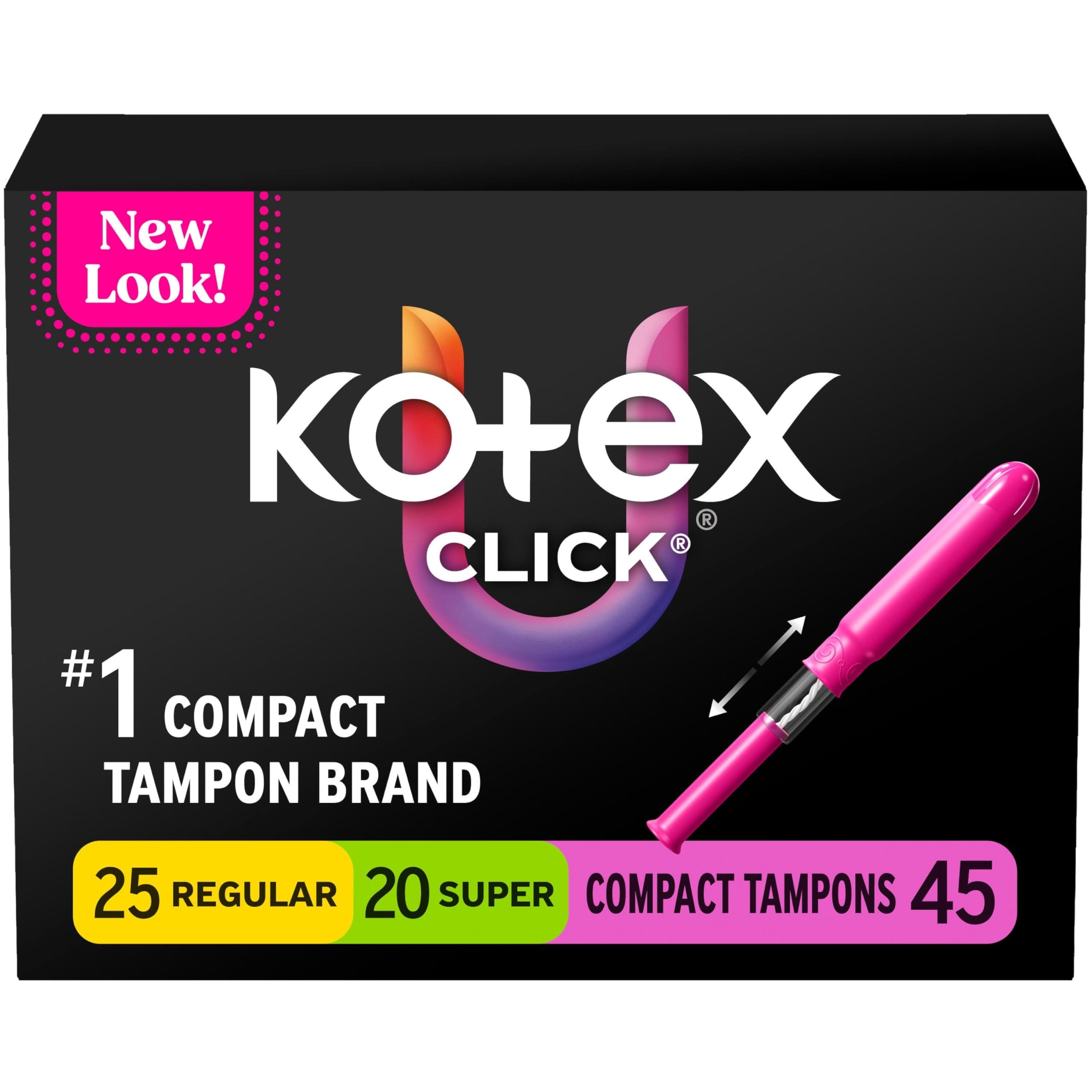 U by Kotex Click Compact Multipack Tampons, Regular/Super Absorbency, Unscented, 45 Count