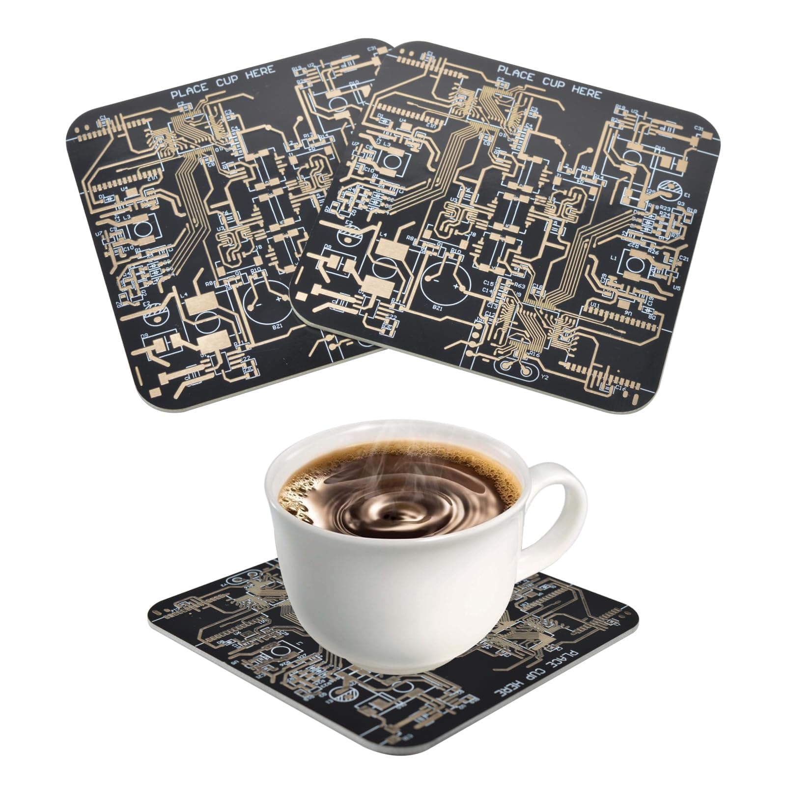 2 Pcs Circuit Board Coasters - Black Immersion Gold PCB-Design Drink Coasters for Men, Party, Bar, Office, Geek, Nerd, Engineer Gifts (2 x Black)