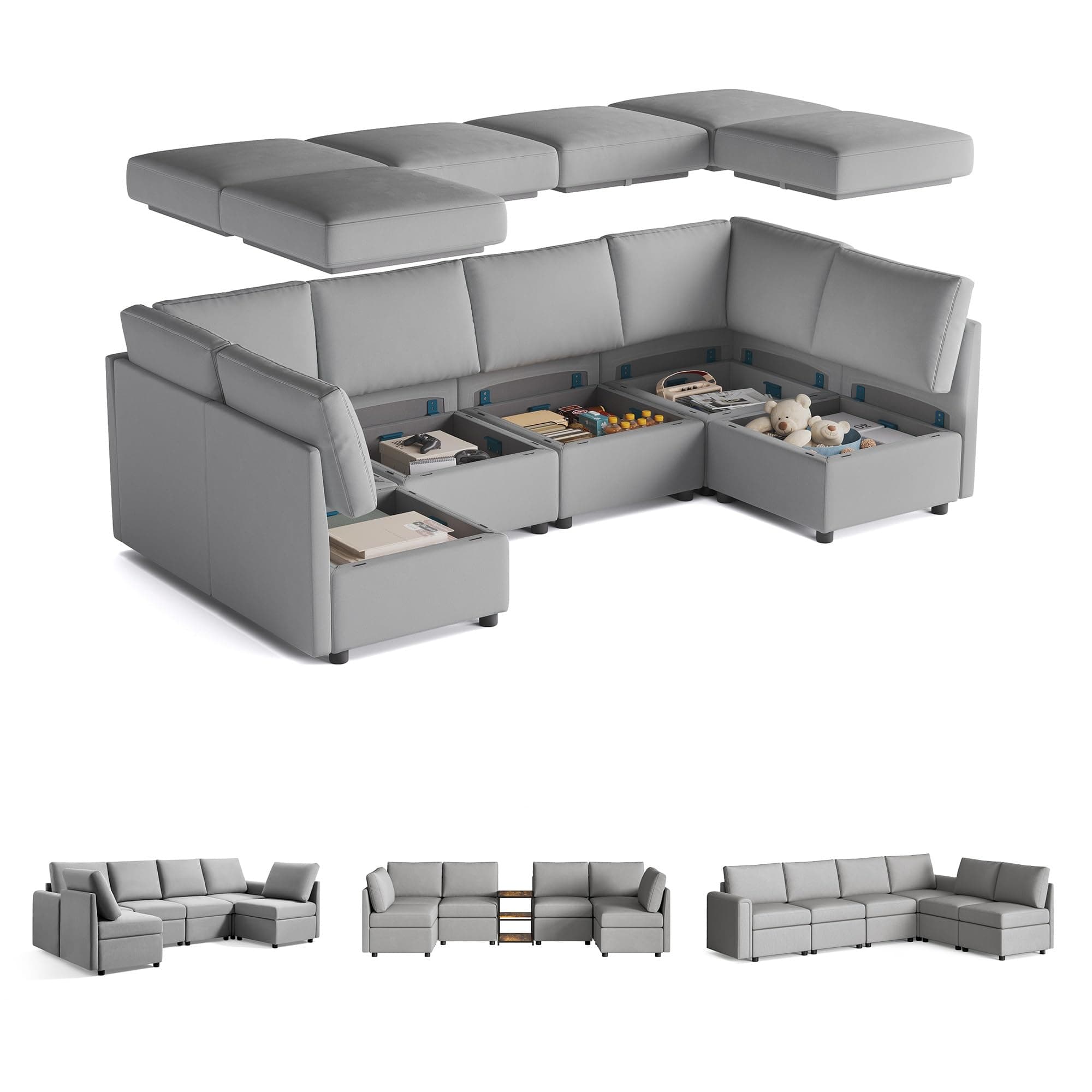 LINSY HOME Modular Sectional Sofa with Storage Seats, Convertible U Shaped 6 Seat Sofa Couch, Modular Sectionals with Chaise and Reamovable Covers, Oversized Memory Foam Couch for Living Room, Grey