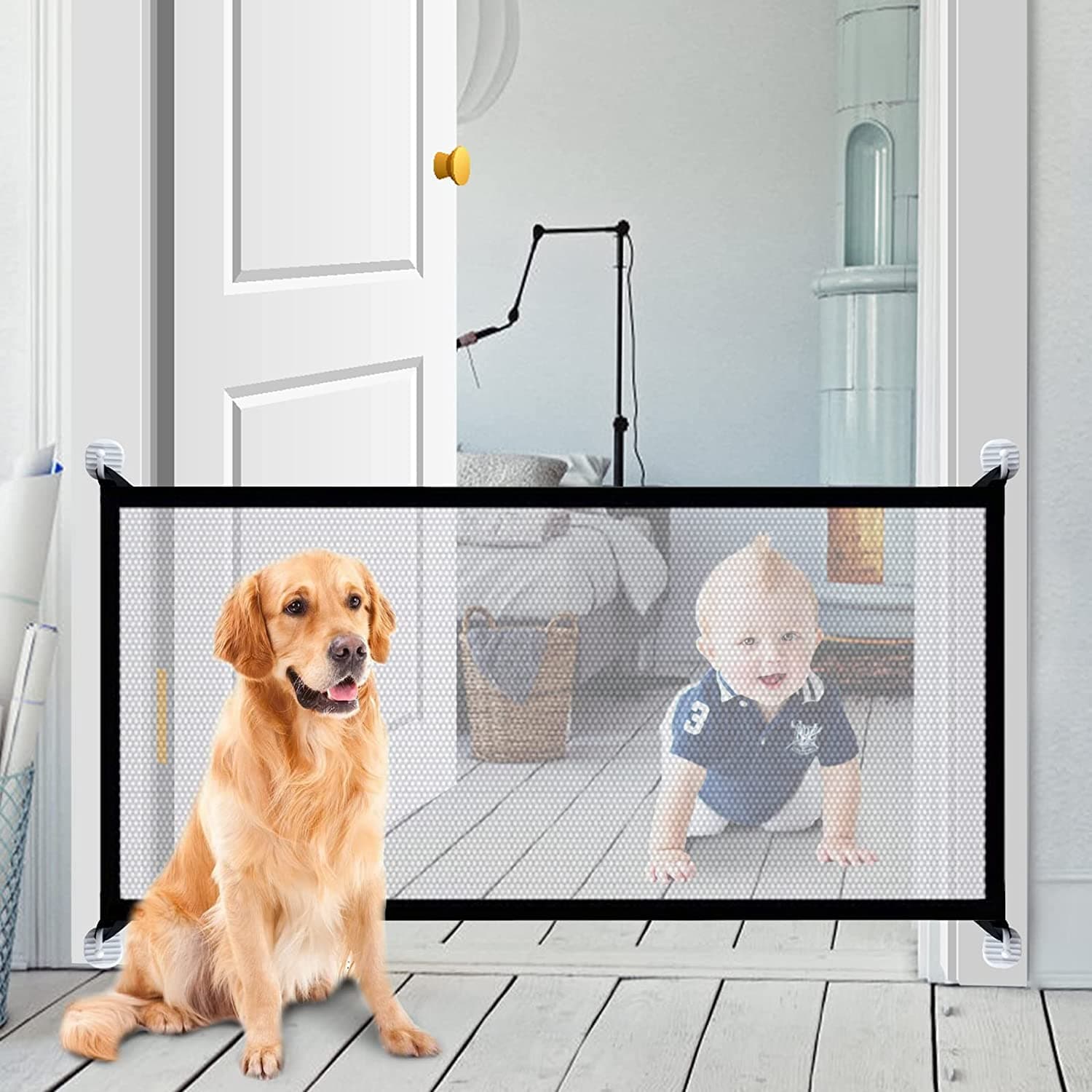 Magic Gate for Dogs, 180 × 72CM Indoor Extendable No-Drill Folding Dog Door Gate for Safety Protection, Easy to Install
