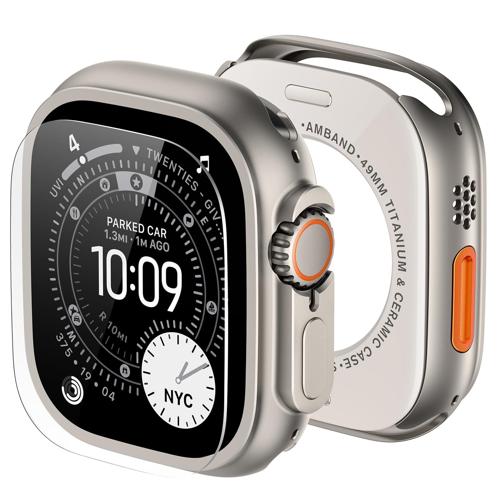 Metal Case & Screen Protector for Apple Watch Ultra 2/Ultra 49mm, W3 Rugged Bumper with Tempered Glass & Back Cover, Waterproof, Change Color to Titanium Look for Black Watch, Match More Bands