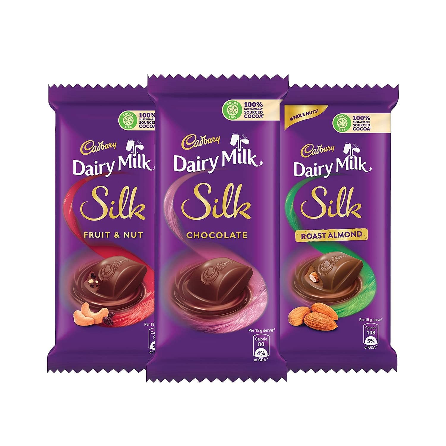 Cadbury Dairy Milk Silk Small Chocolates Combo (2 x Plain 60g, 2 x Roast Almond with whole nuts 58g and 2 x Fruit and Nut 55g)