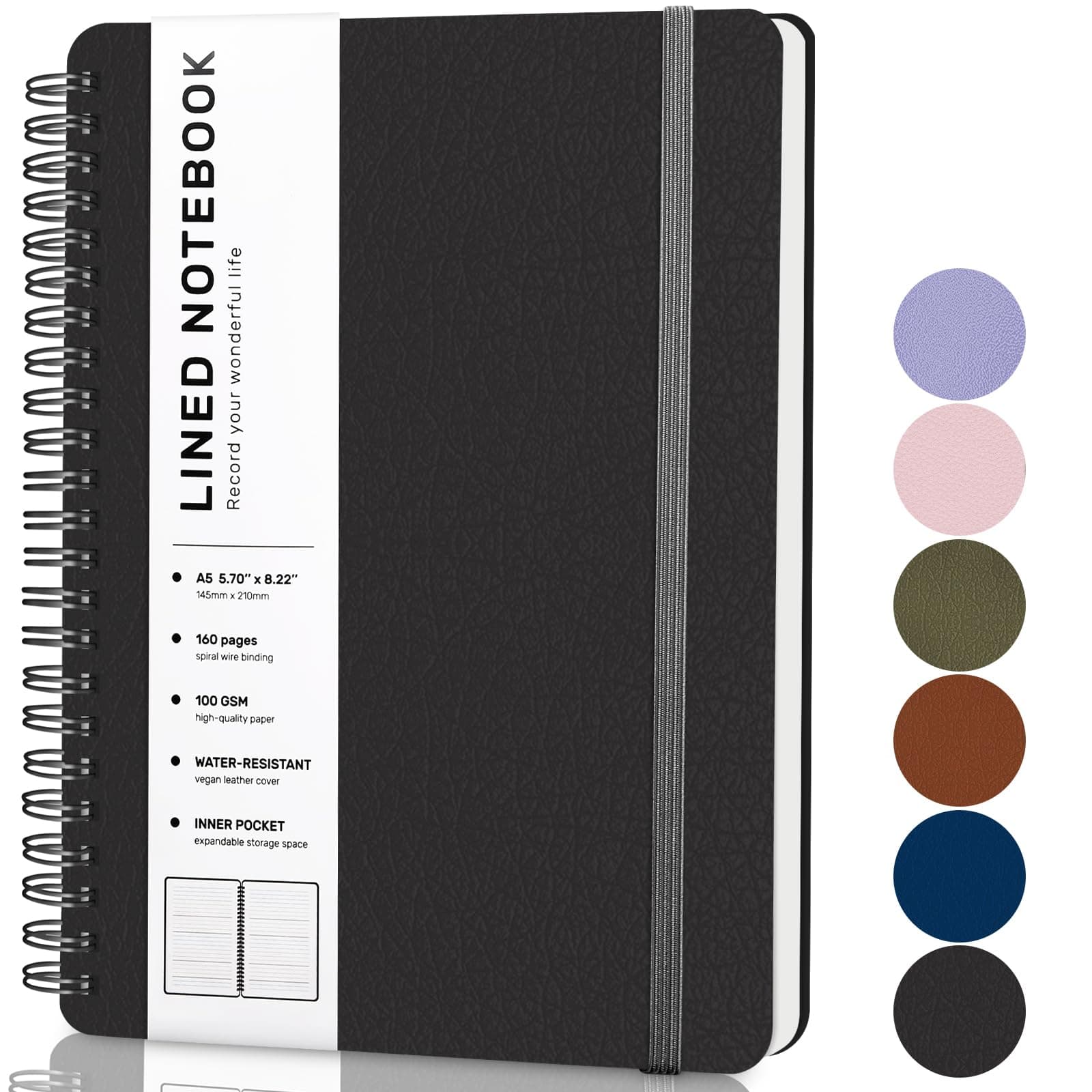 Black Lined Spiral Journal Notebook with 160 Pages, 8×5.7in, A5 Spiral Notebooks, Journaling Notebooks for Work, School, Women, Men, College Ruled Notebook, Hardcover Leather Journals