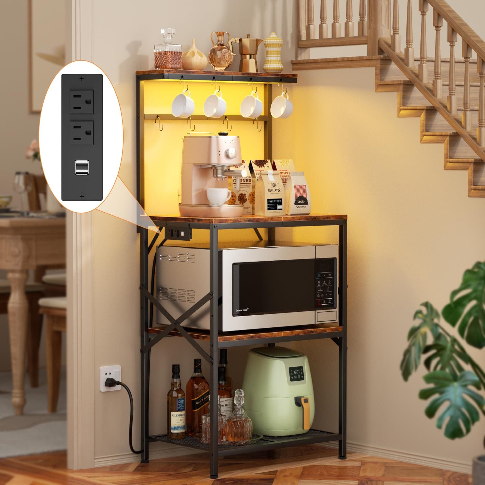 Kitchen Bakers Rack with Power Outlet & LED Lights, Small Coffee Bar Table with Adjustable Storage Shelf, 4 Tiers Microwave Stand with 8 Hooks, Coffee Station for Appliance Organizer, Rustic Brown
