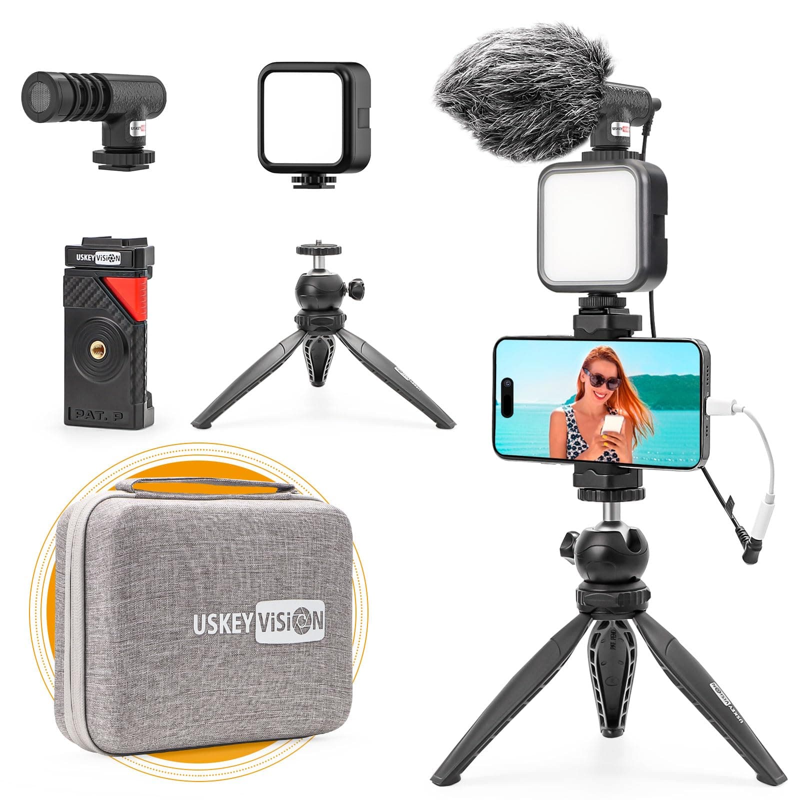 USKEYVISION Smartphone Vlogging Kit Video Kit for iPhone 15/14/13 Mini/Pro/Max, Android Smartphone w/Microphone Light Auto-switch Phone Clip Combo for YouTube Tiktok Live Steam (Vlog K2)