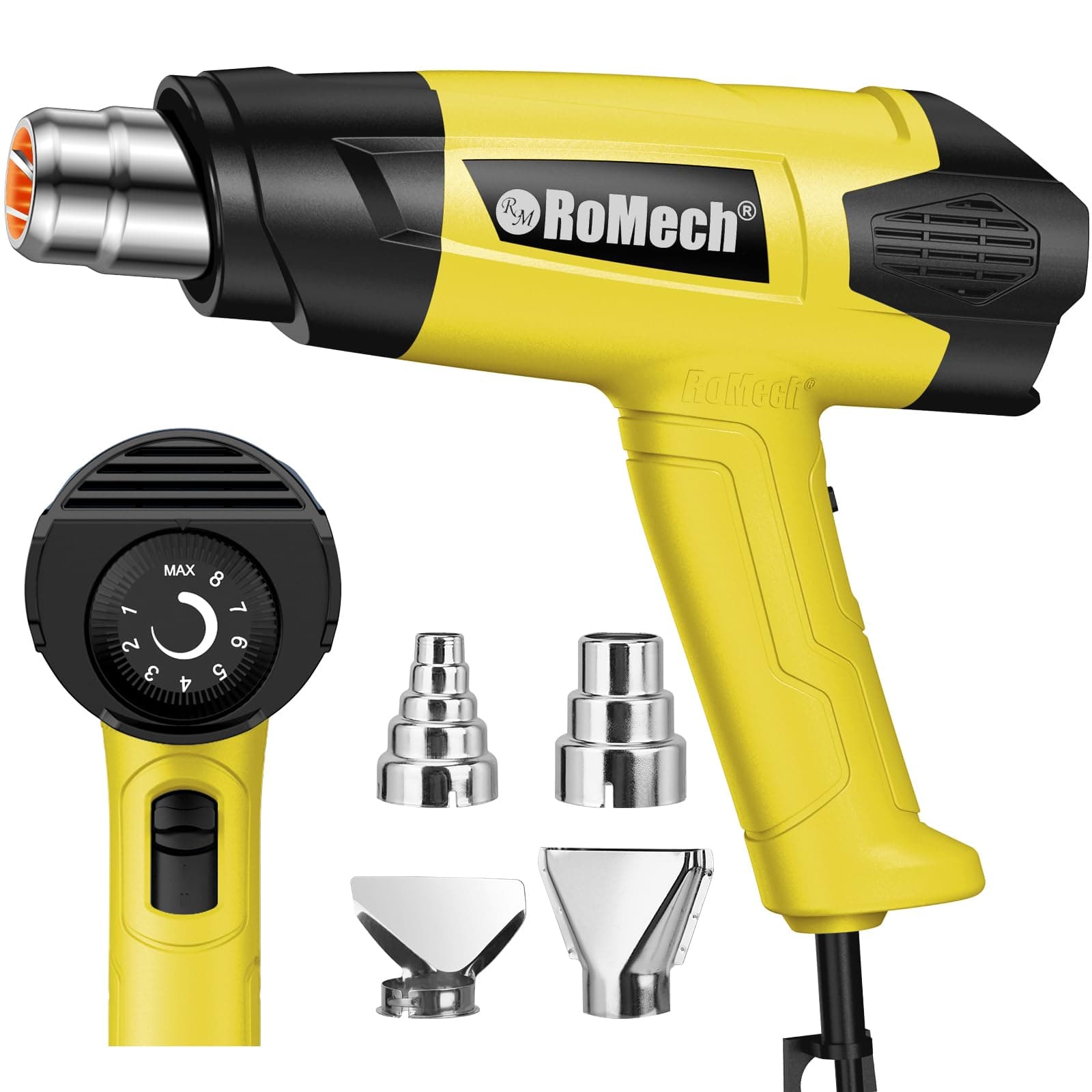 ROMECH 1500W Heavy Duty Heat Gun, Variable Temperature Control Hot Air Gun Kit with 2 Air Flow 120°F~1200°F and 4 Nozzles for Crafts Shrink Wrap (Yellow)