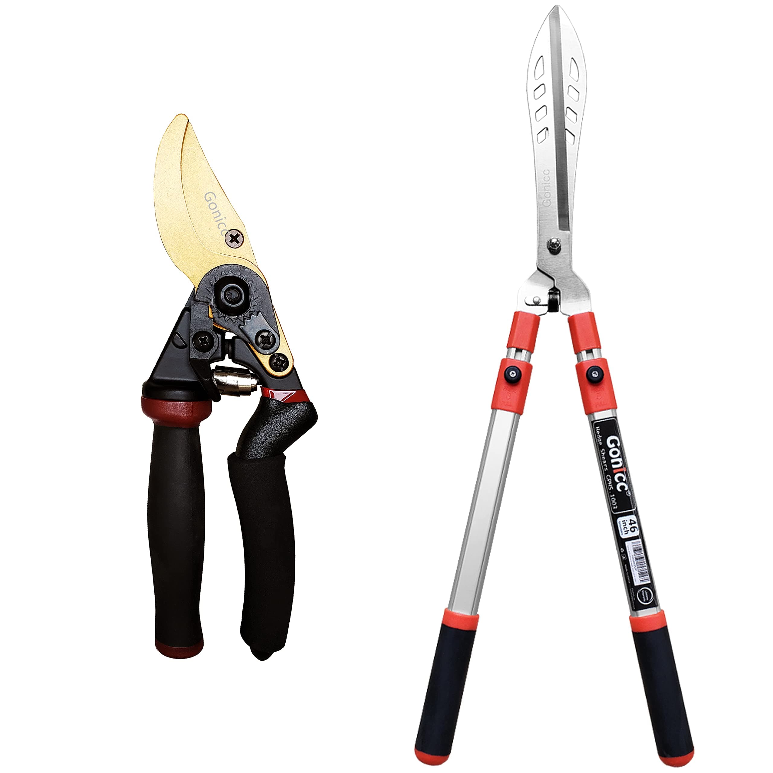 gonicc 8.5" Professional Rotating Bypass Titanium Coated Pruning Shears(GPPS-1014) and Adjustable 33"+ 13" Hedge Shears, Pruners with Heavy Duty SK5 Blade. Soft Cushion Grip Handle for Everyone.