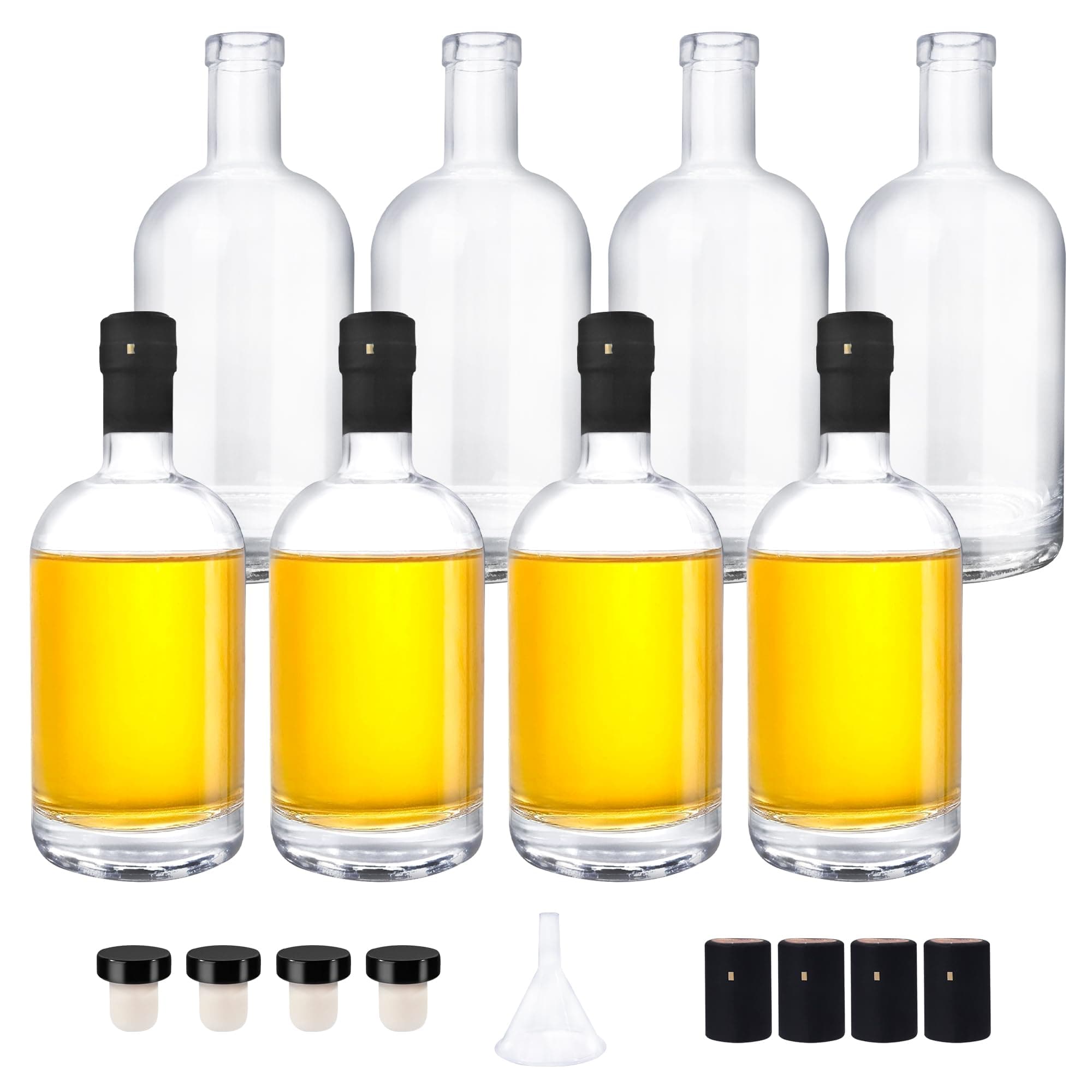 GUANENA 8 Pack 16oz Clear Glass Bottles with Cork Lids and PVC Shrink Capsules, 500ml Liquor Bottles with T-shaped Caps, Empty Heavy Base Wine Bottles for Wine, Whiskey, Soda, Beer, Juices, Beverages