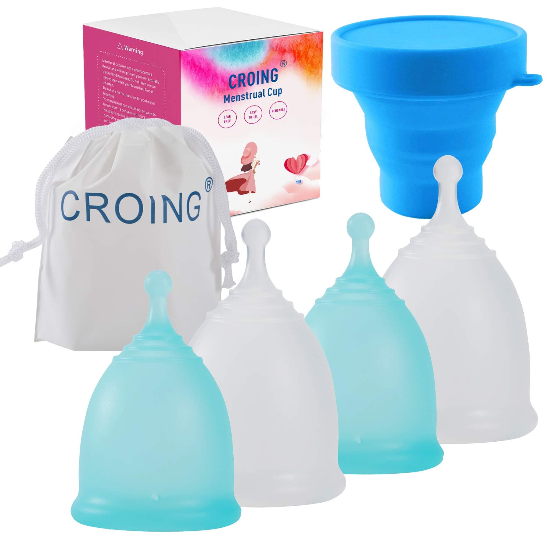 Croing 4pcs Menstrual Cup with 1 pc Sterilize Cup,Menstrual Cup Holder, Storing Period Cup(Blue and White)