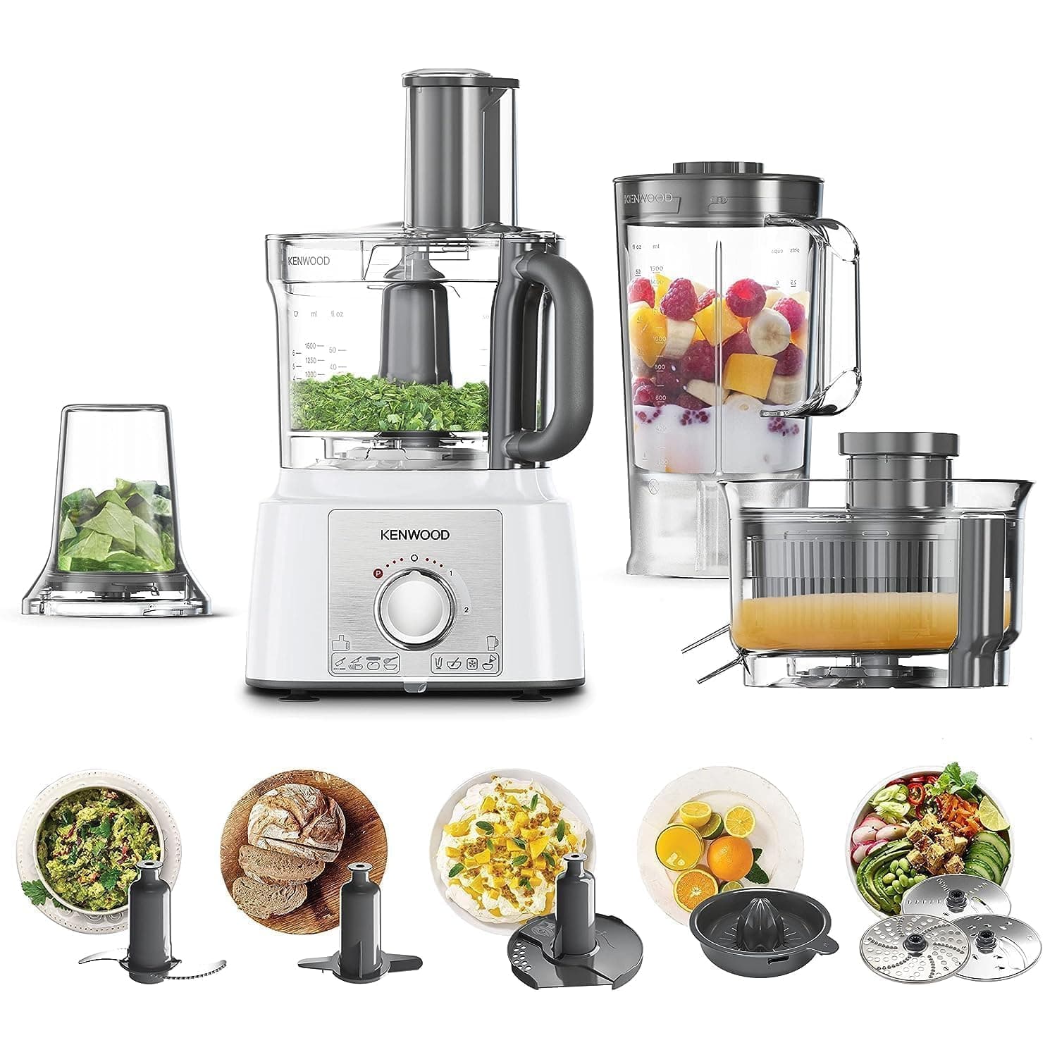 Food Processor 1000W Multi-Functional With 3 Stainless Steel Disks, Blender, Grinder Mill, Juicer Extractror, Whisk, Dough Maker, CitrUS Juicer Fdp65.750Wh White