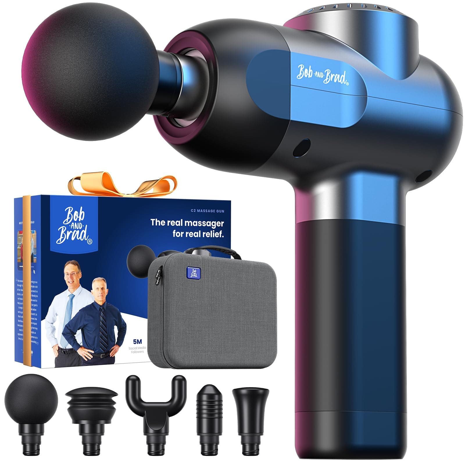 BOB AND BRAD C2 Massage Gun, Deep Tissue Percussion Massager Gun, Handheld Muscle Massager with 5 Speeds and 5 Heads, for Home Gym Office Workout Recovery Pain Soreness Relief, Gifts for Men Women