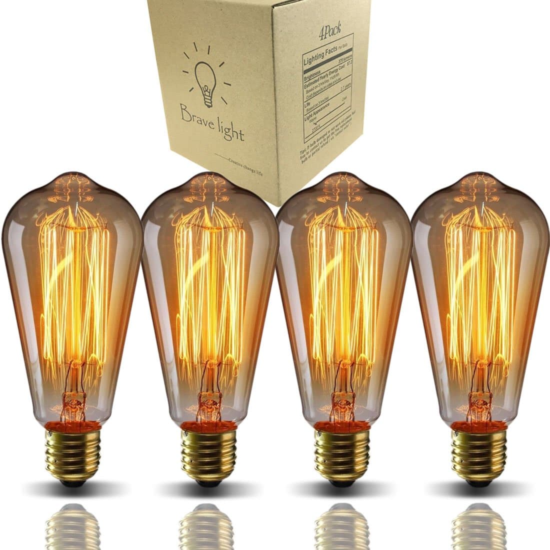 GOENDR E27 Vintage Light Bulbs, Dimmable Edison Bulb, ST64 40W 2700K Warm White Incandescent Classic Antique Bulb Filament Bulbs for Squirrel Cage Table Lamp Home Office - Amber Glass 4 Pack