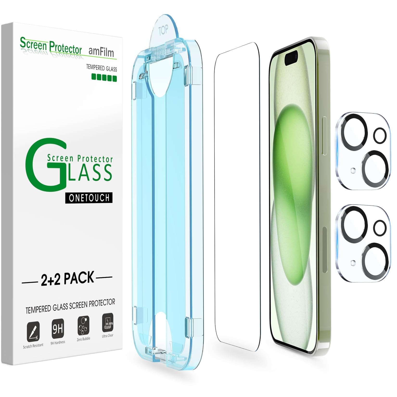 amFilm [2+2 Pack OneTouch for iPhone 15 Plus 6.7 inch Glass Screen Protector Guard with Camera Lens Protector. Easiest to Installation, Bubble Free, Case Friendly