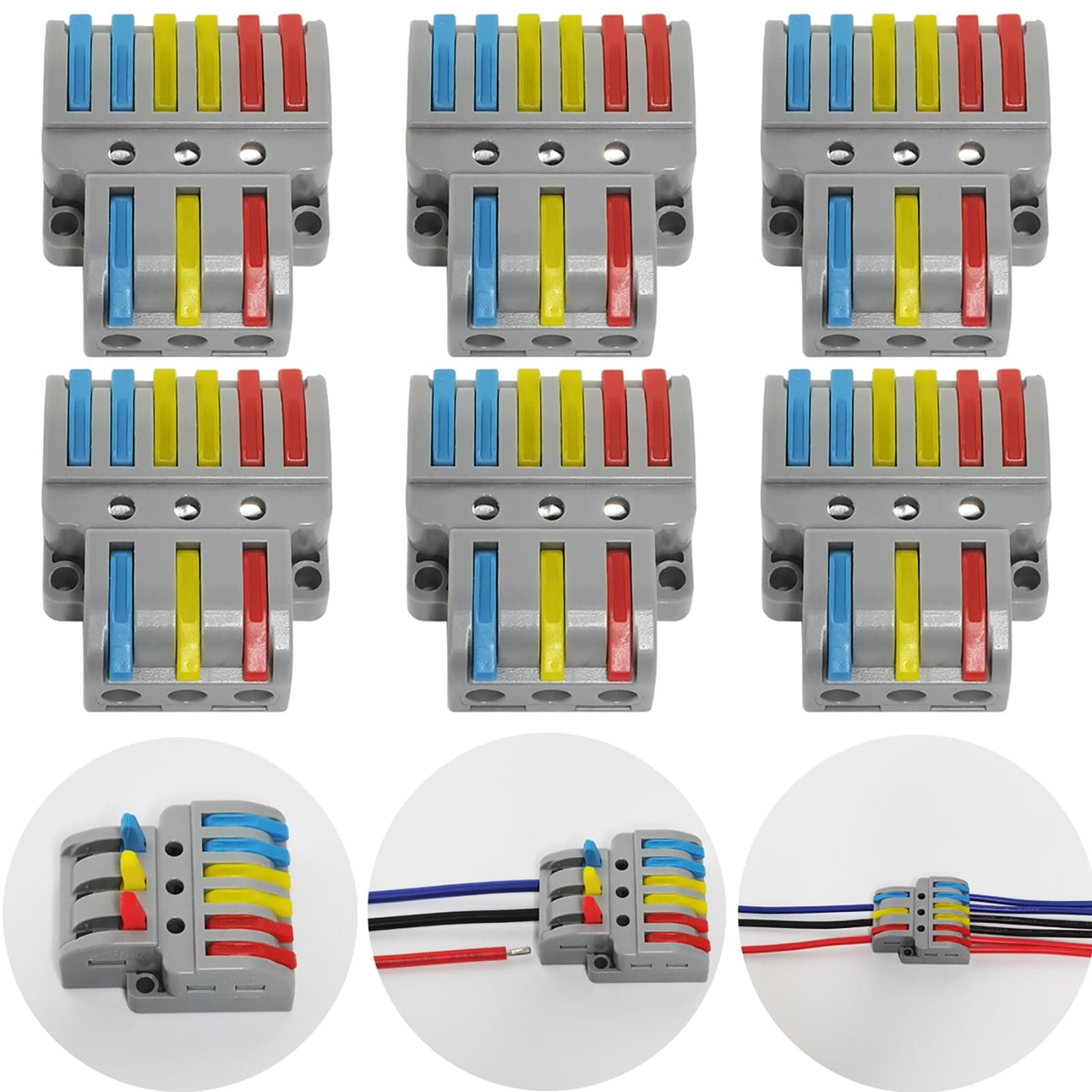 Compact Wire Connectors, CTRICALVER 6 pcs Compact Splicing Connectors, Lever Nut Assortment Conductor, 3 In 6 Out Electrical Connectors Blocks with 18 pcs screws