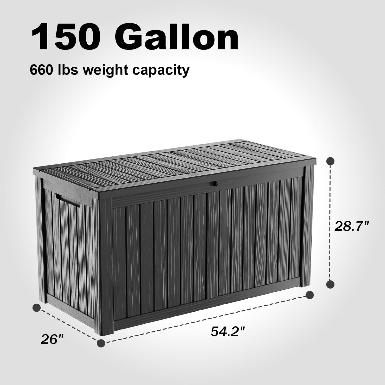 150 Gallon Deck Box,Resin Outdoor Storage Box with Lockable for Patio Furniture, Pool Accessories, Garden Tools Waterproof Outside Storage Box, BLACK
