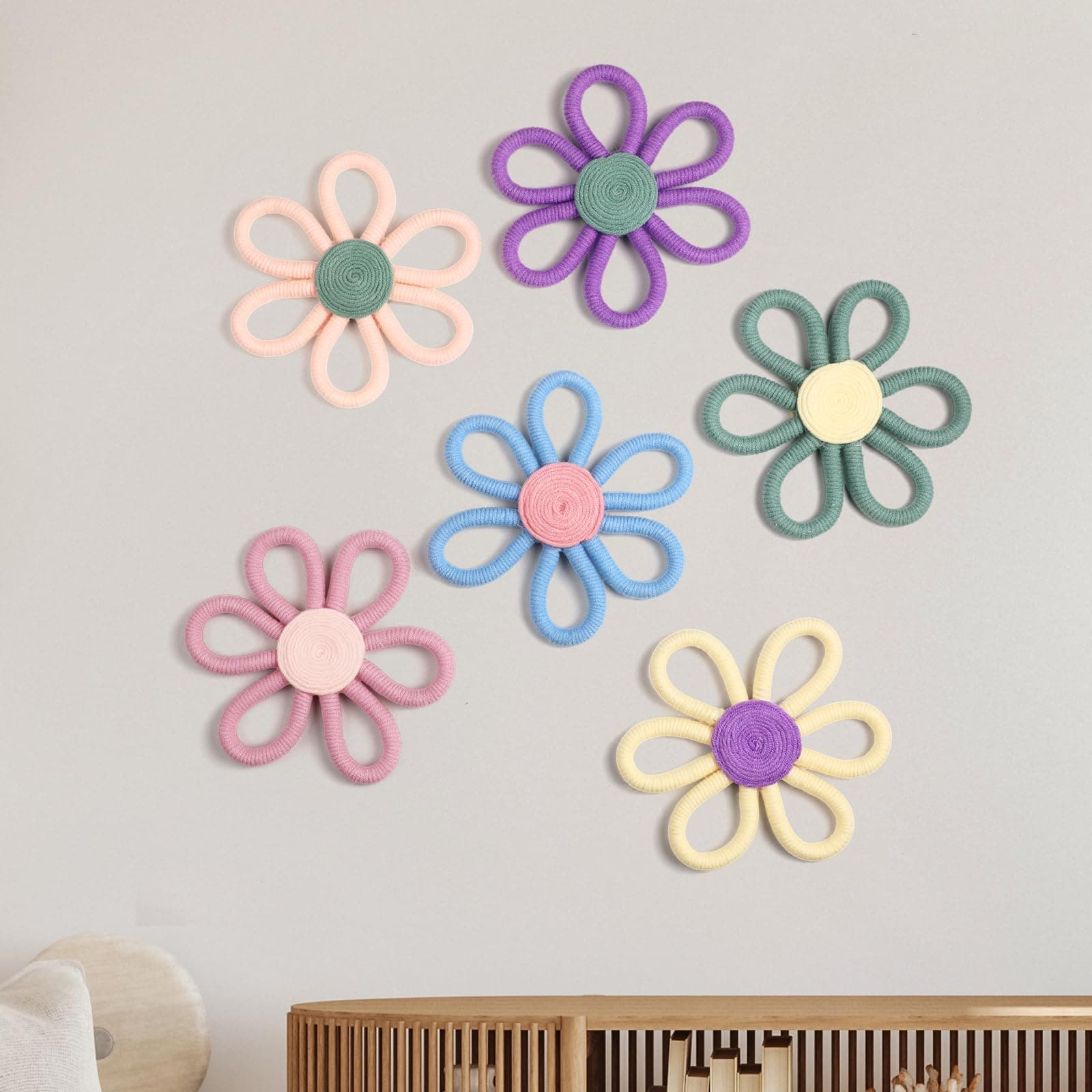 Ripeng 6 Pcs Boho Nursery Decor Flower Daisy Wall Art 6 Inch Woven Macrame Wall Hanging Bohemian Flower Decor Daisy Nursery for Baby Girls Kids Home Bedroom(Vivid Colors)