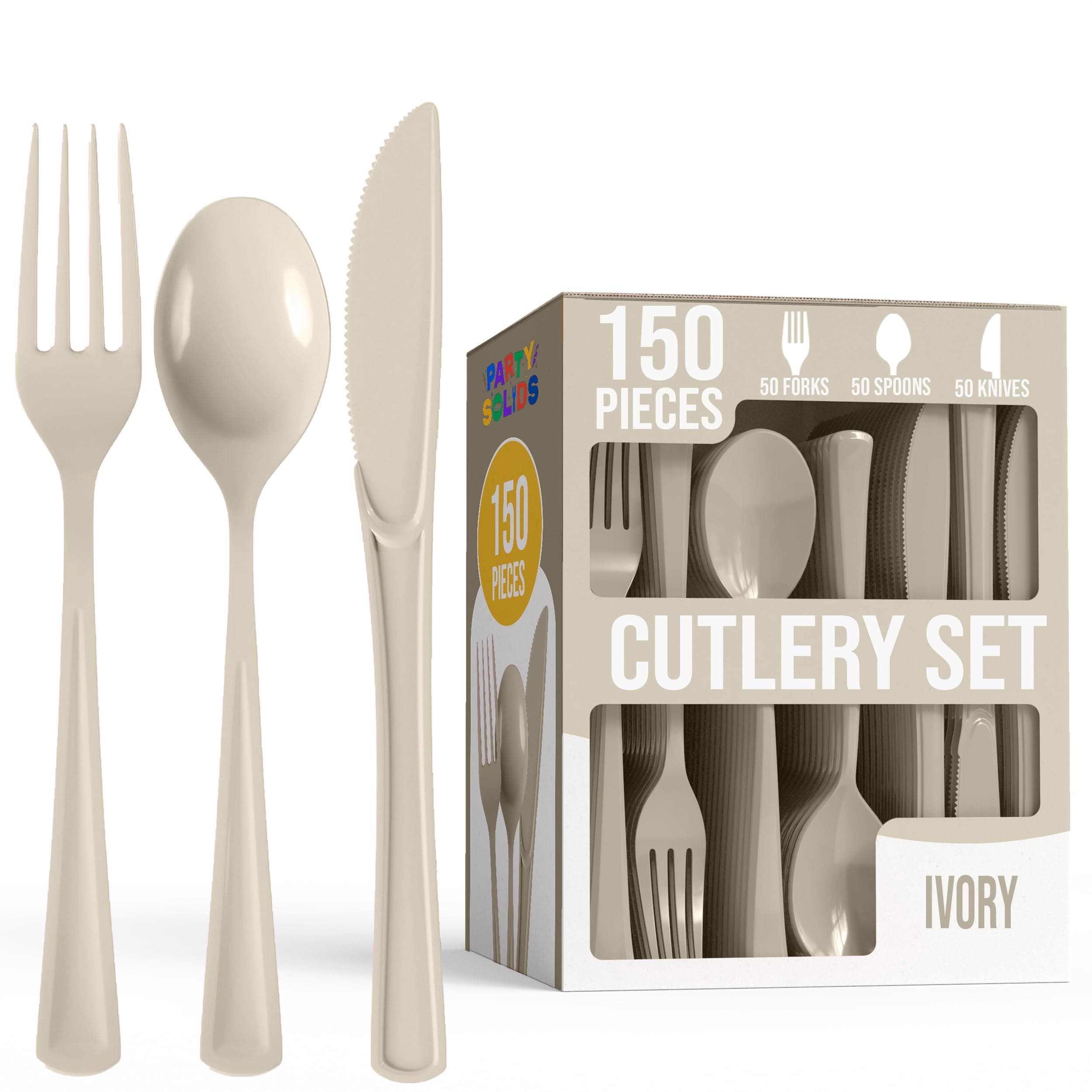 Party Solids Ivory Plastic Silverware Heavy Duty 150 Pieces Ivory Plastic Cutlery Sets, Utensil Sets, 50 Of Each Forks, Knives & Spoons Disposable Cutlery Set, Flatware Set For Party Supplies