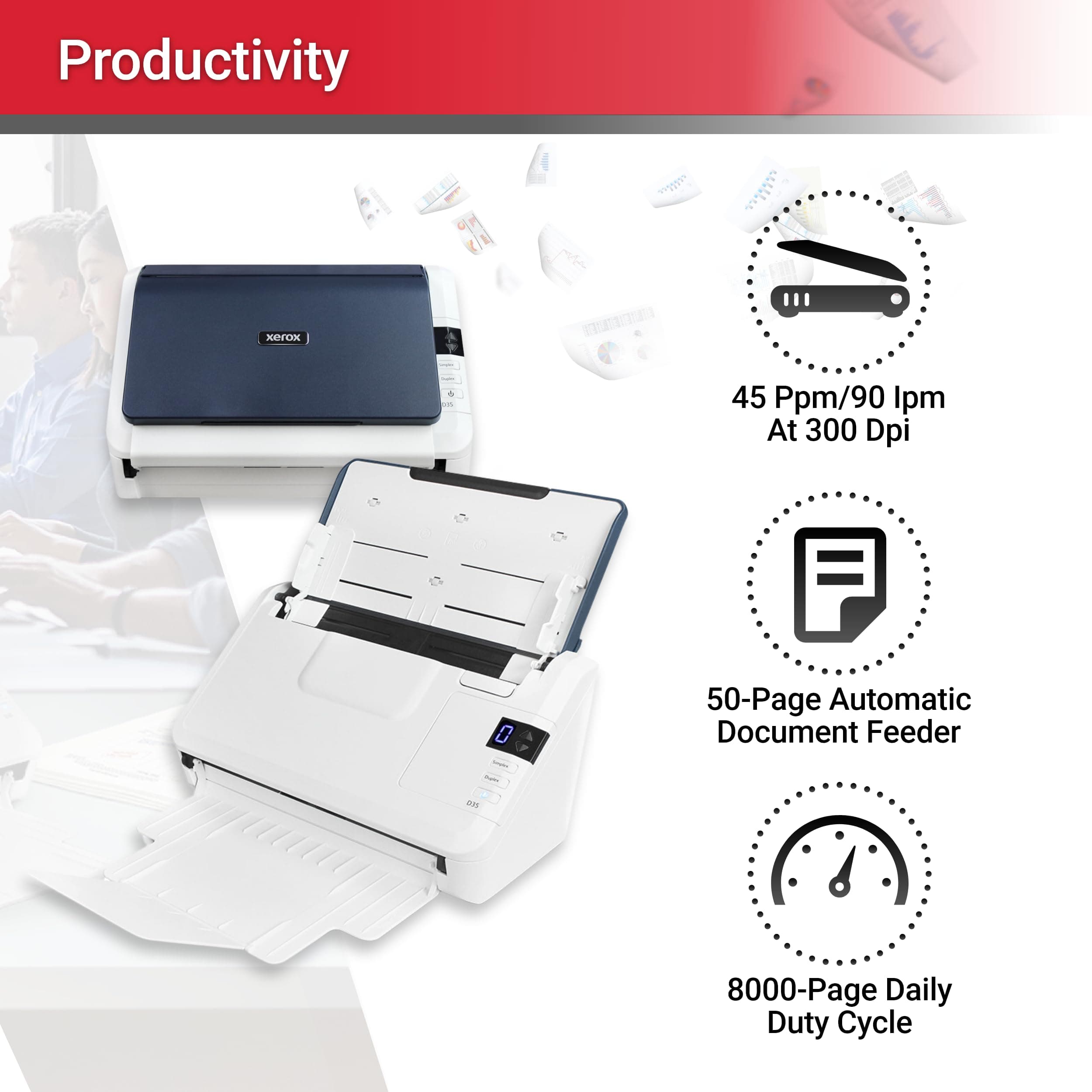 Xerox Visioneer Xerox D35 Scanner, USB Office Document Scanner for PC and Mac, 45 PPM, Automatic Document Feeder (ADF), White