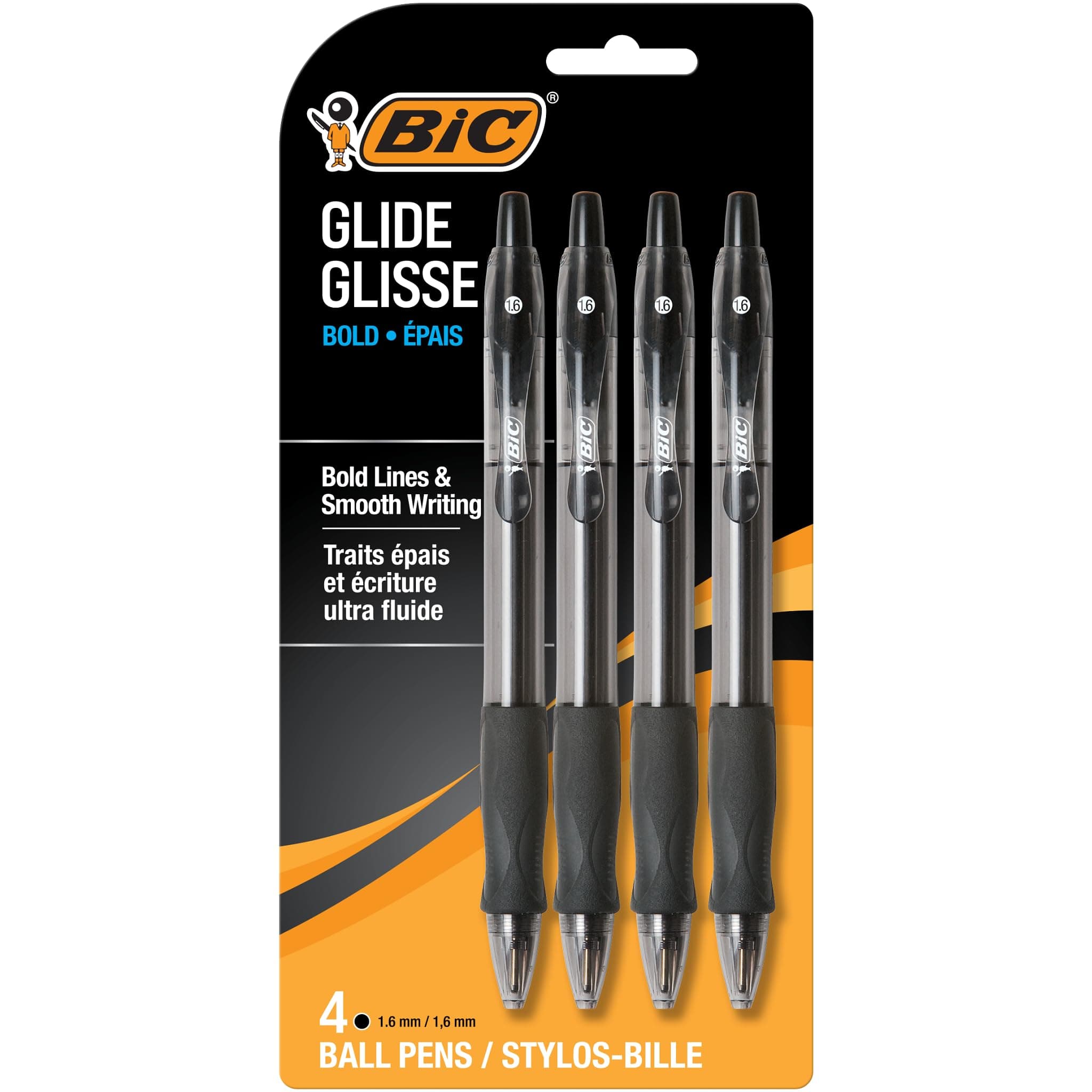 BIC Glide Bold Black Ballpoint Pens, Bold Point (1.6mm), 4-Count Pack, Retractable Ballpoint Pens With Comfortable Full Grip