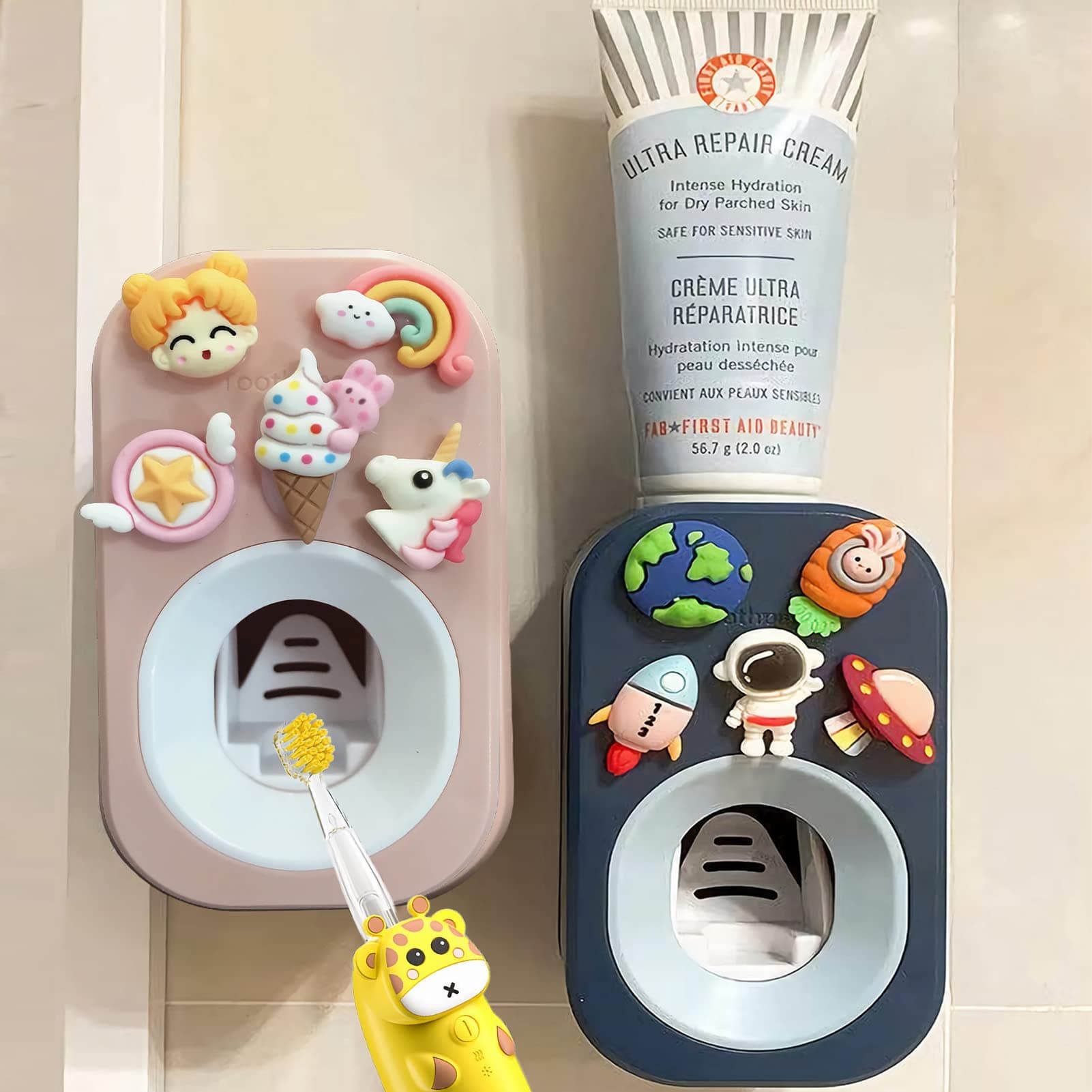 Automatic Toothpaste Dispenser Wall Mounted for Bathroom,Toothpaste Squeezer for Kids & Family Shower by Mr. Thumbs (2pc,Astronaut & Bear)