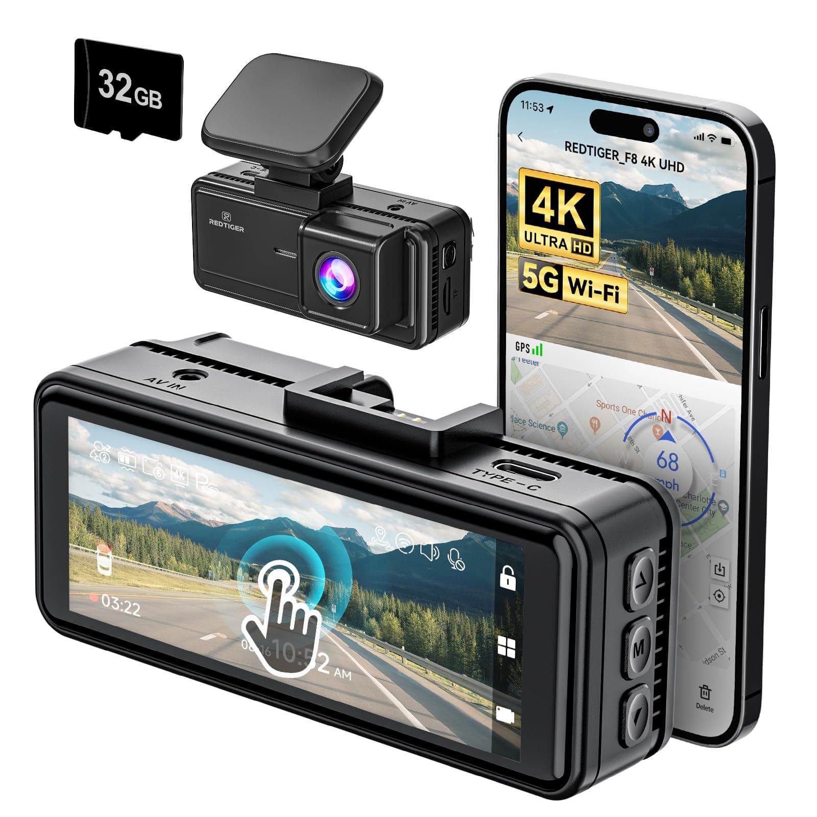 REDTIGER F8 Dash Cam 4K Front with 3.18'' Touch Screen, 5G Wi-Fi,Ultra HD 2160P Night Vision, 32GB Card Included, 160° Wide Angle, GPS, Parking Mode, Loop Recording