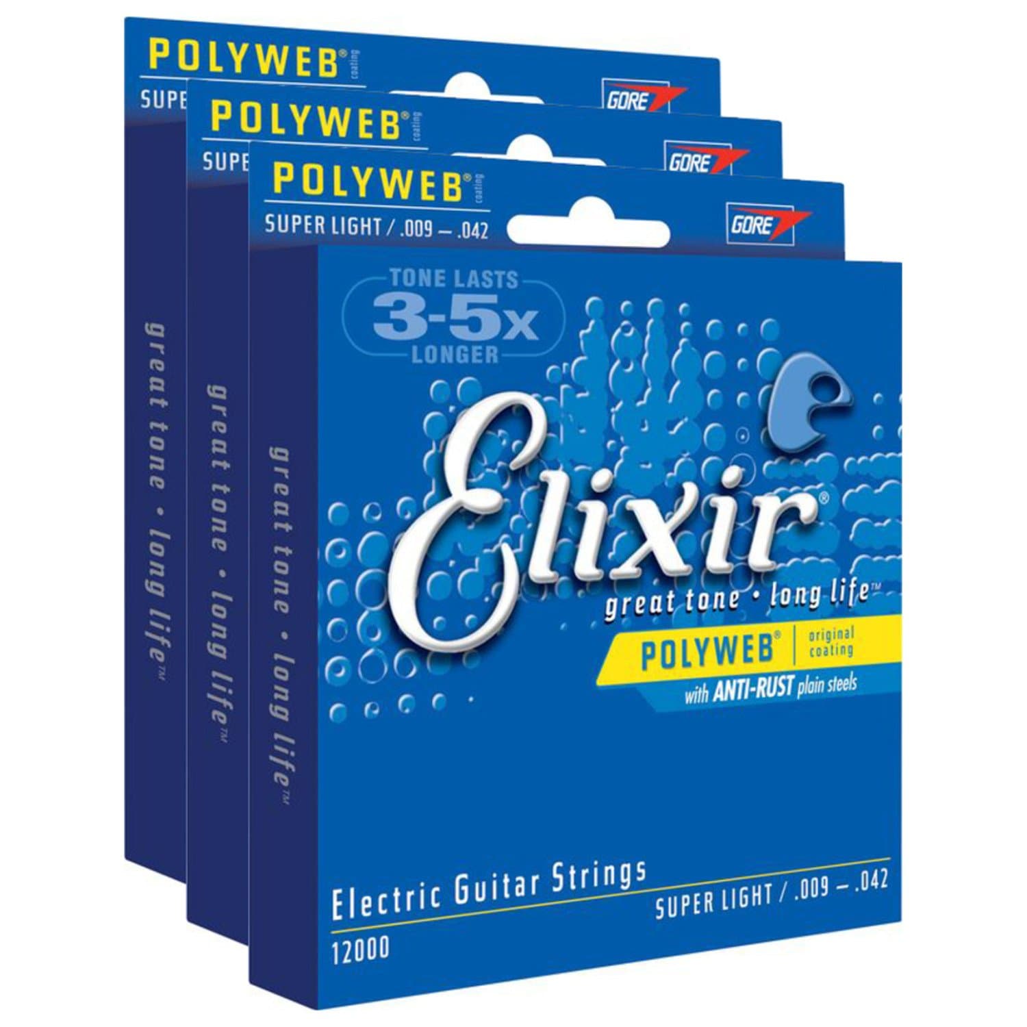 Elixir12000 Polyweb coated super light electric guitar strings 9-42 (3 PACKS)