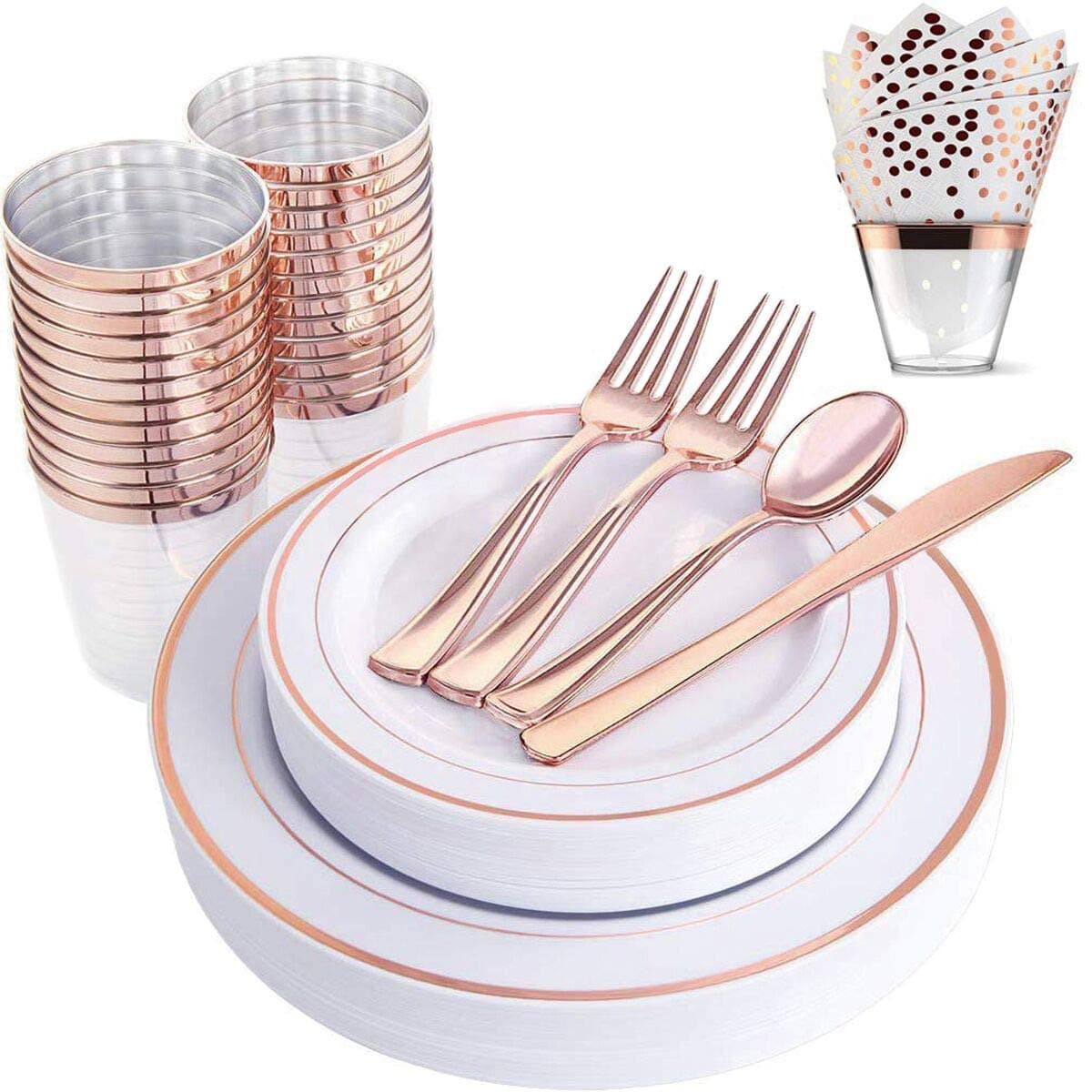 200 Piece Rose Gold Plastic Dinnerware Set - Disposable Heavy Duty Plastic Plates Setting include 25 Dinner Plates, 25 Desserts Plates, 25 Cups, 25 Forks, 25 Knives, 25 Spoons, 50 Napkins