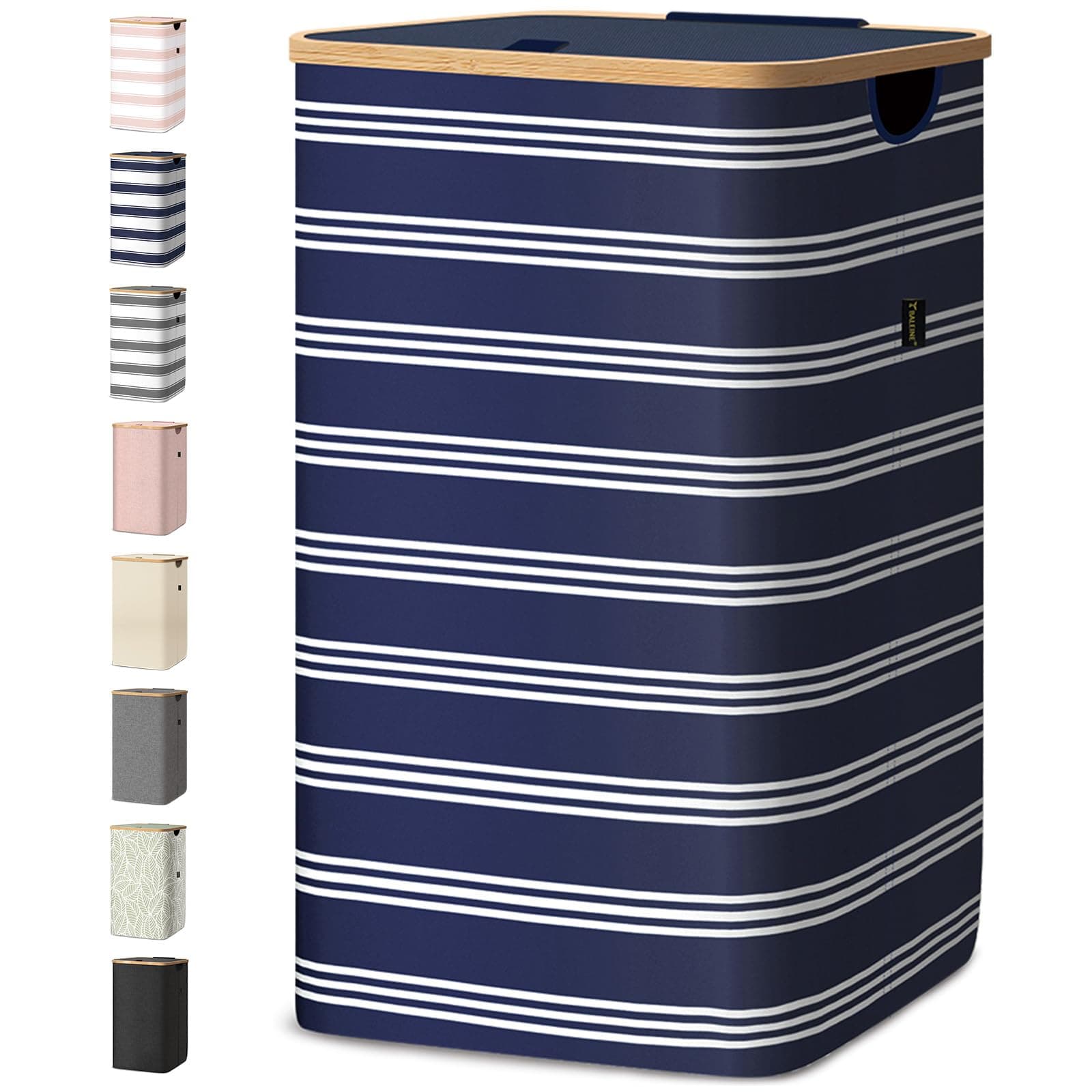 BALEINE Laundry Hamper with Lid, Tall Laundry Baskets with Bamboo Pull Handles, Large Laundry Bin with Internal Support (18 Gal/70L, Blue Pinstripe)