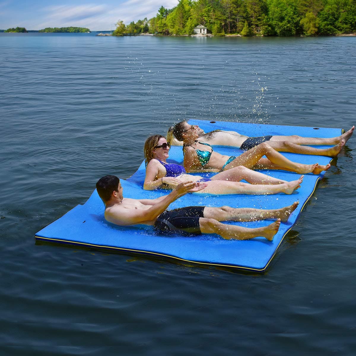 GYMAX Floating Water Pad, 9/18 FT x 6 FT Water Foam Mat with Rolling Pillow, 3-Layer Floating Island for Pool River Lake Beach Sea Activities