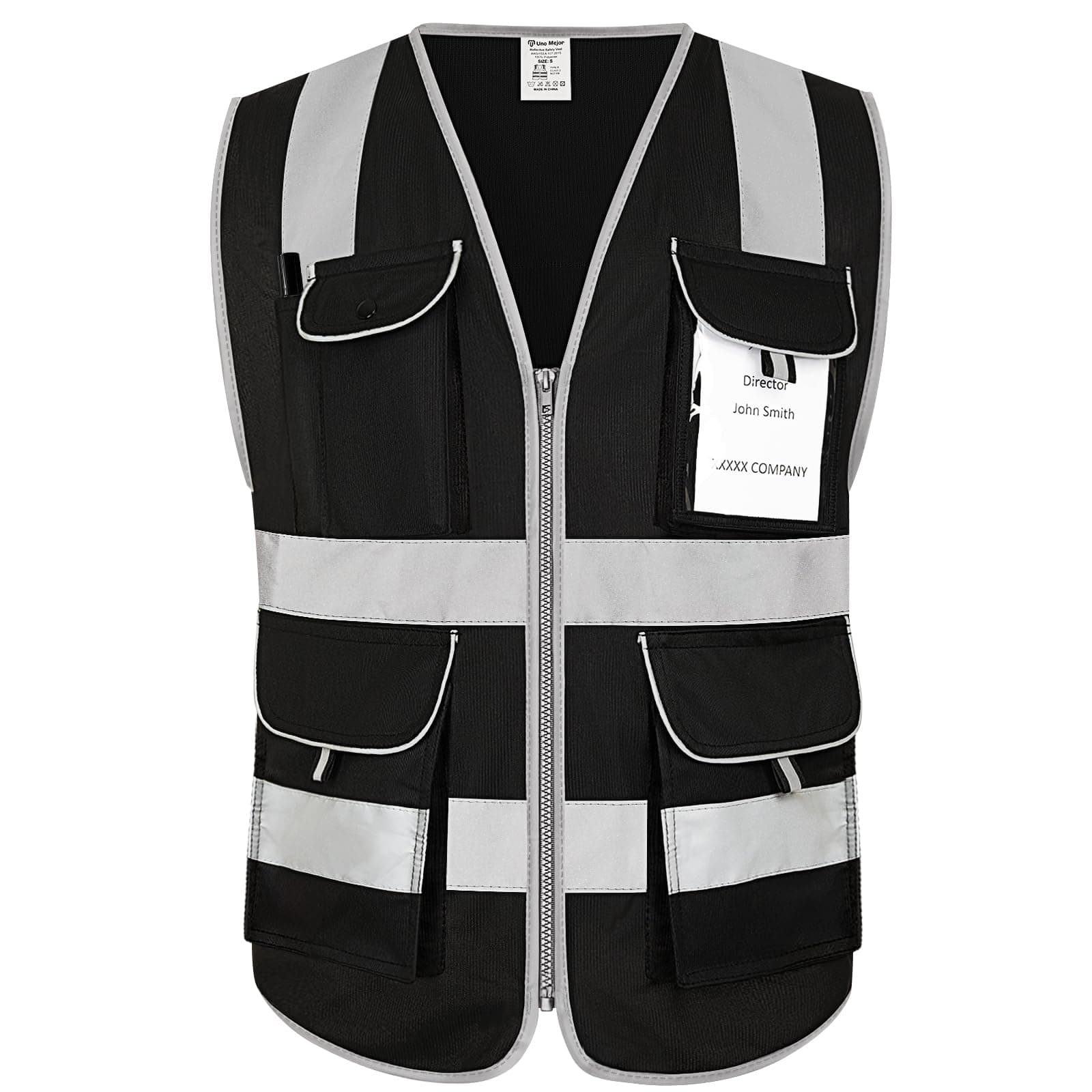 8 Pockets Full Zip Black Safety Vest, Class 2 High Visibility Work Vest for Construction, Utility Workers, Meets ANSI/ISEA Standard, Large