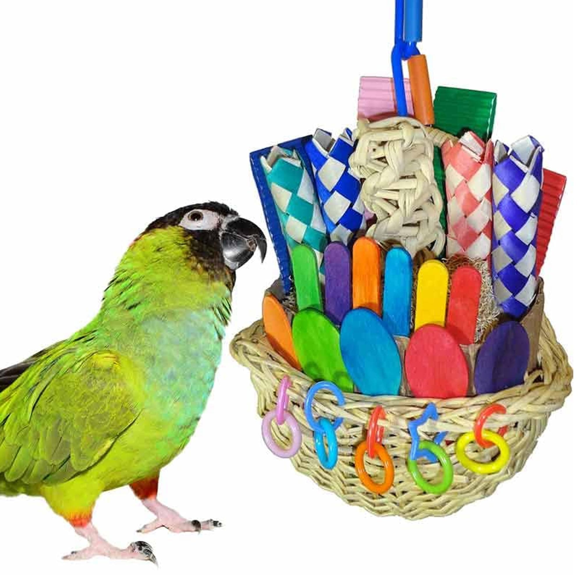 Super Bird Creations SB669 Wicker Foraging Basket Toy with Array of Chewable Toys for Parrots, Medium Size, 10” x 4” x 5”, Varies, 1 Count (Pack of 1)