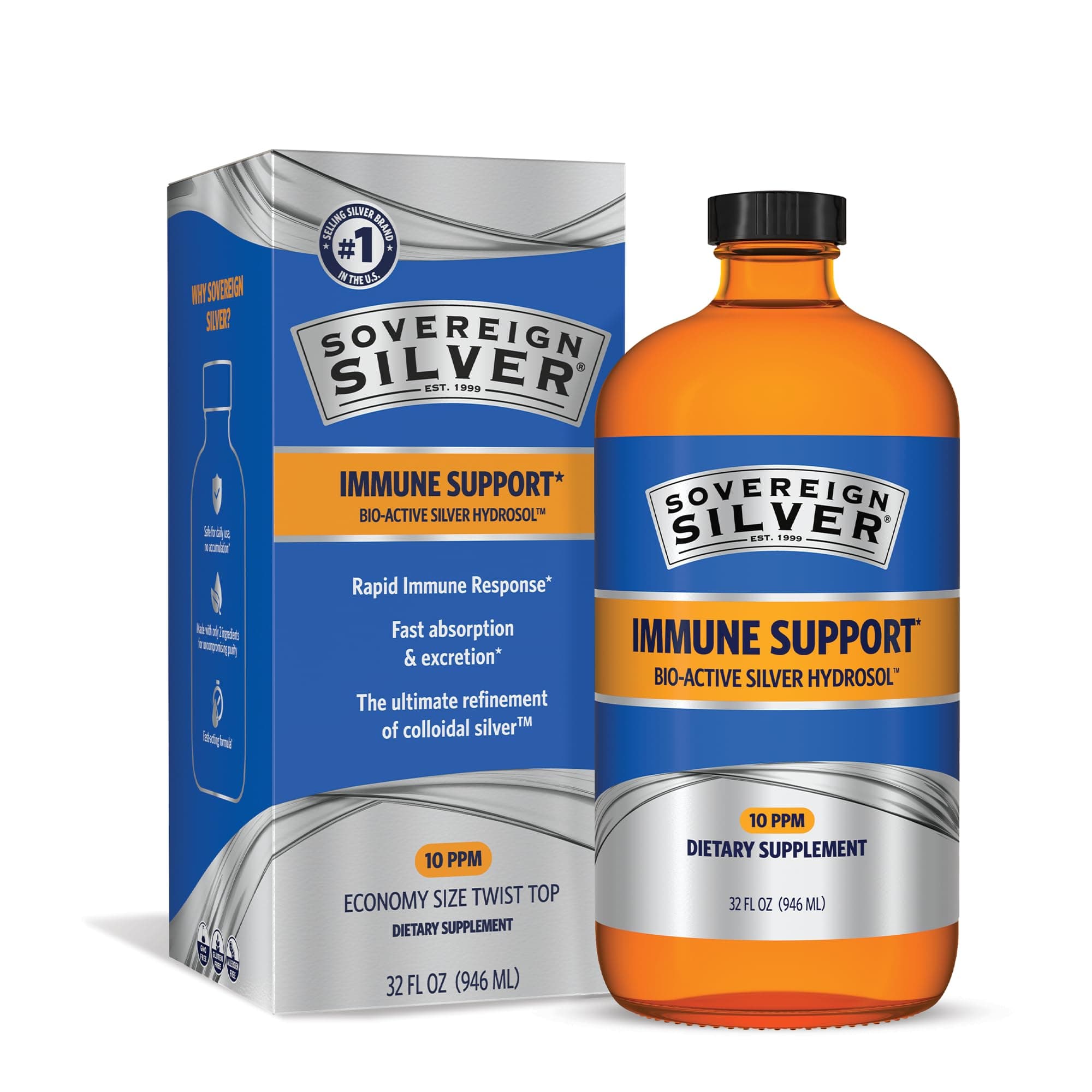 Immune Support - Colloidal Silver, Bio-Active Silver Hydrosol, 10 ppm, Liquid Twist Top, 32 Fl Oz, (946 mL)