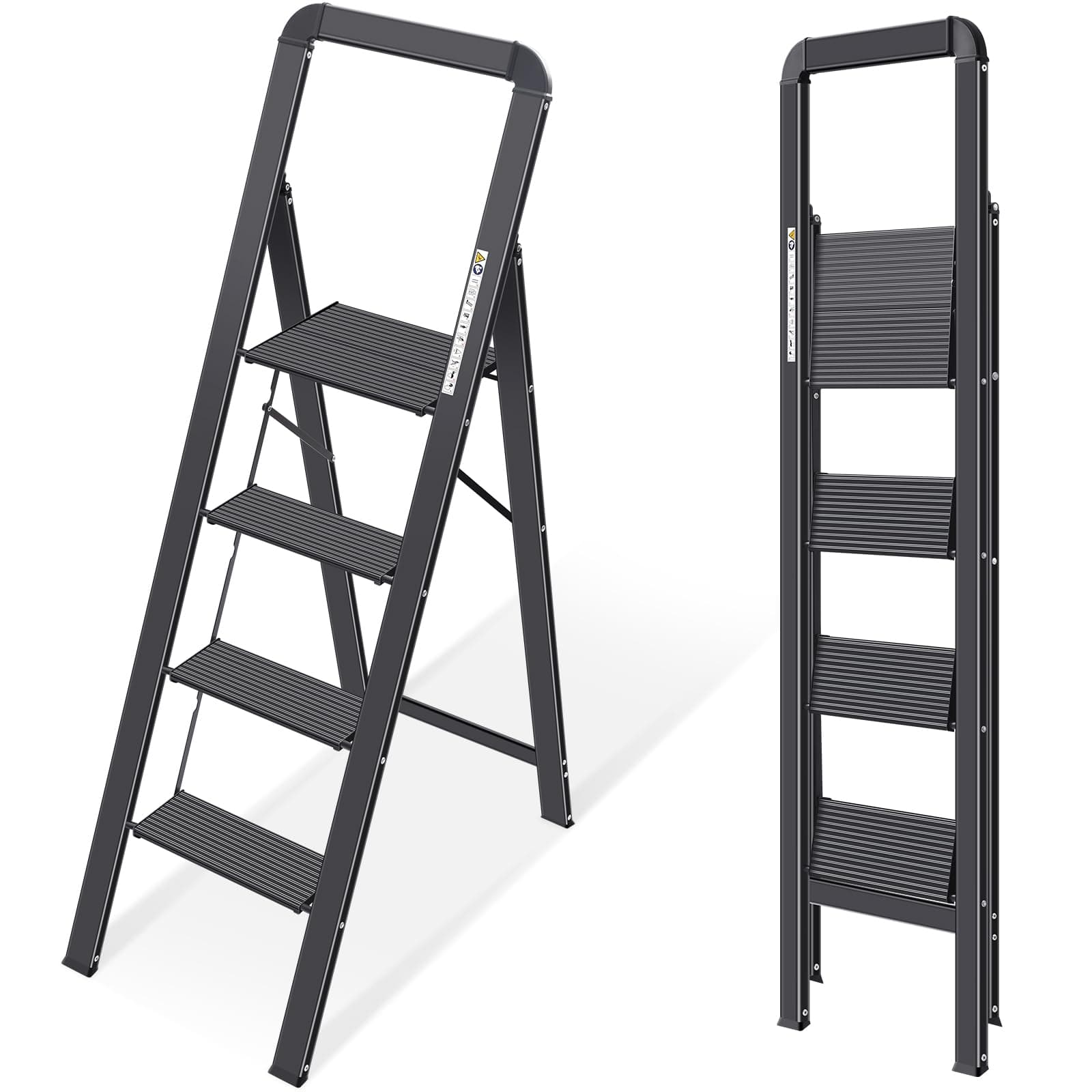 Folding Step Ladder, 4 Steps with Handrail, Non-Slip Aluminium Step Stool, Maximum Load 150 kg, Black