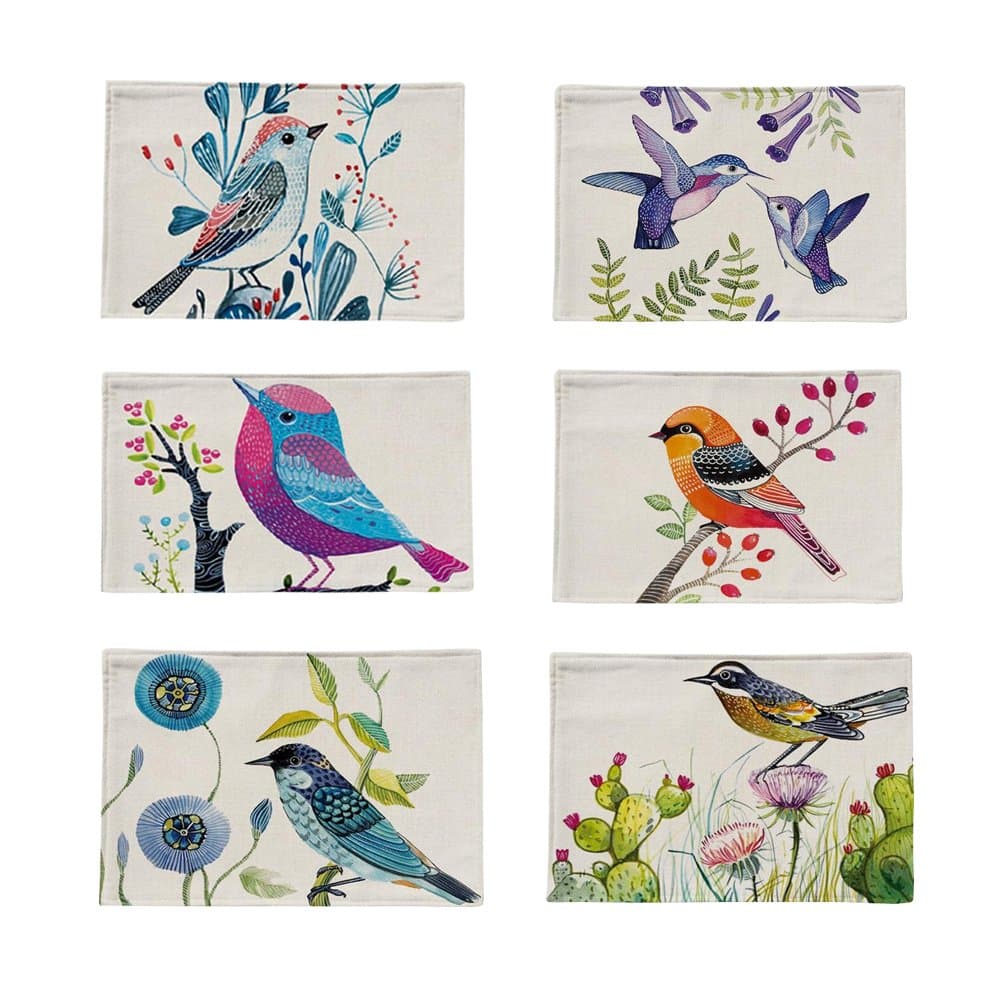 Bettli 6 Pieces Cotton Linen Placemats Bird Pattern Dining Table Mats. (Bird Cotton)