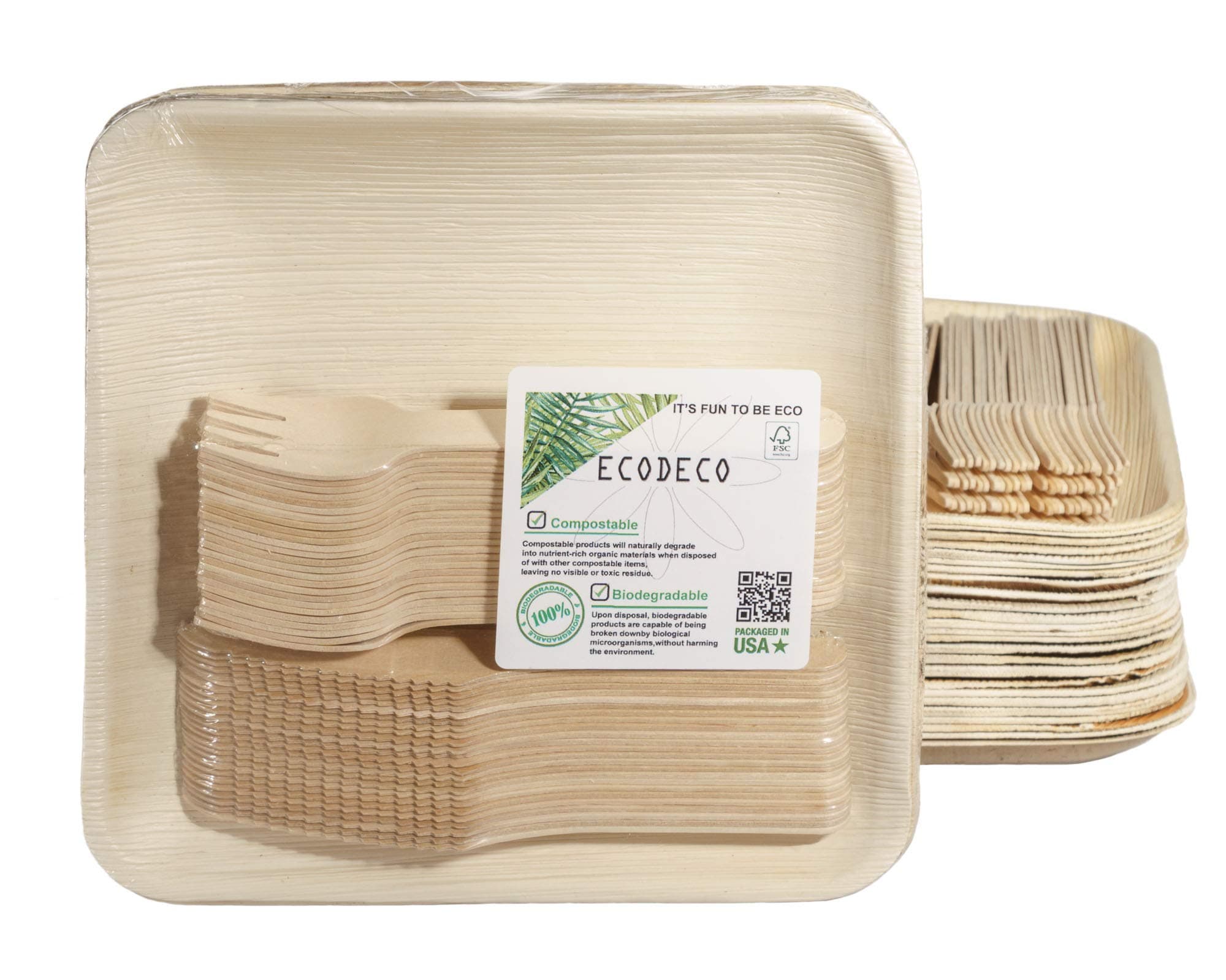 ECODECO Palm Leaf Plates - 50 pcs 8 Inch Square - Disposable Like Bamboo Party Plates with Cutlery