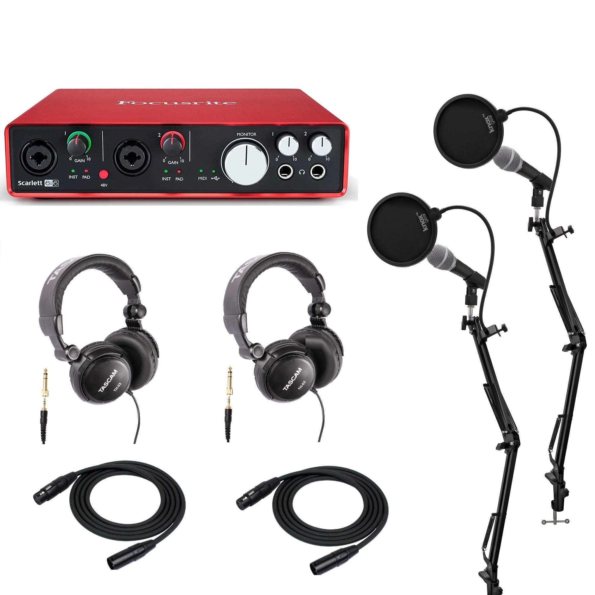 Focusrite Scarlett 6i6 USB Audio Interface Podcast Bundle with 2 Mics, 2 Knox Studio Stands, 2 Knox Pop Filters and 2 Headphones