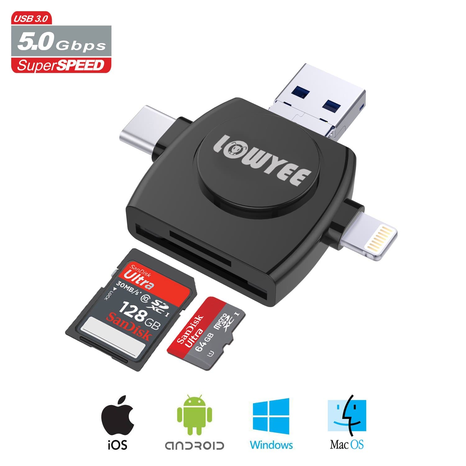 SD/Micro SD Card Reader Adapter for iPhone, iPad, USB C, OTG Android Phone, MacBook, Memory Card Reader Trail Camera Viewer-Dual Card Slots-Black