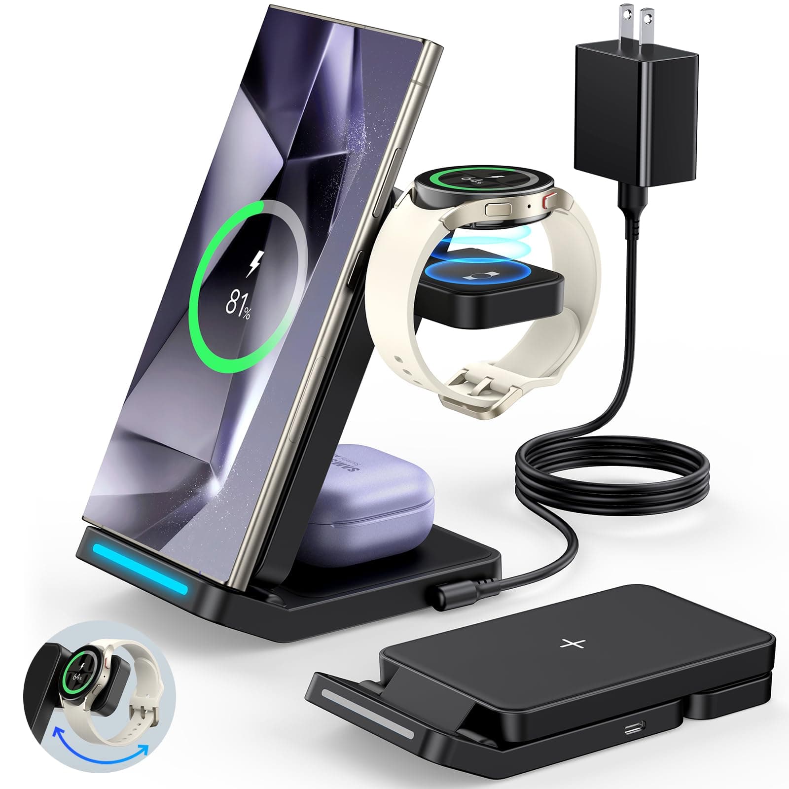 Foldable Wireless Charger for Samsung, 3 in 1 Fast Wireless Charging Station Stand for Samsung Galaxy S25 Ultra S24/S23/S22/S21/Note/Z Fold 7 ZFlip 7/6/5,Galaxy Watch 8/Ultra/7/6/5, Galaxy Buds, Black