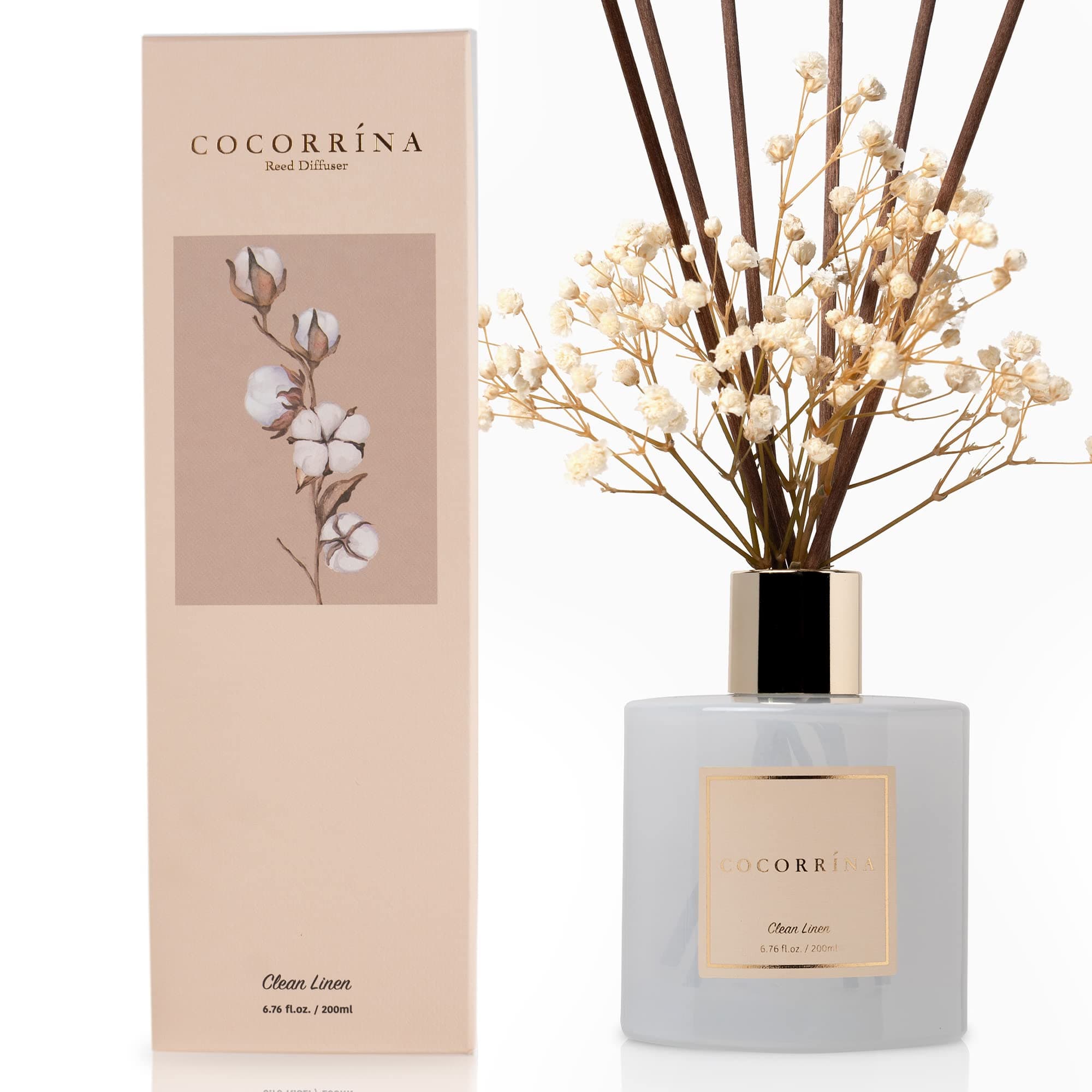 Cocorrína Reed Diffuser Set, Clean Linen 6.7 fl oz Scented Diffuser with Sticks Home Fragrance Reed Diffuser for Bathroom Shelf Decor